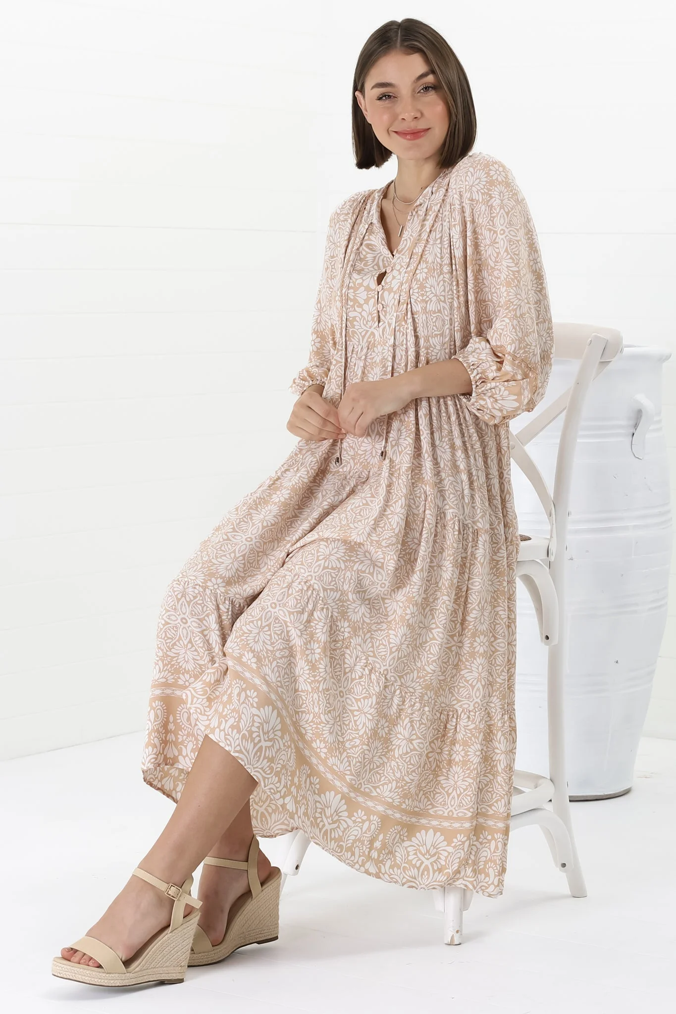 Kamali Midi Dress - Batwing Sleeve Smock Dress with Lace Detailing in Harley Print Beige - Image 15