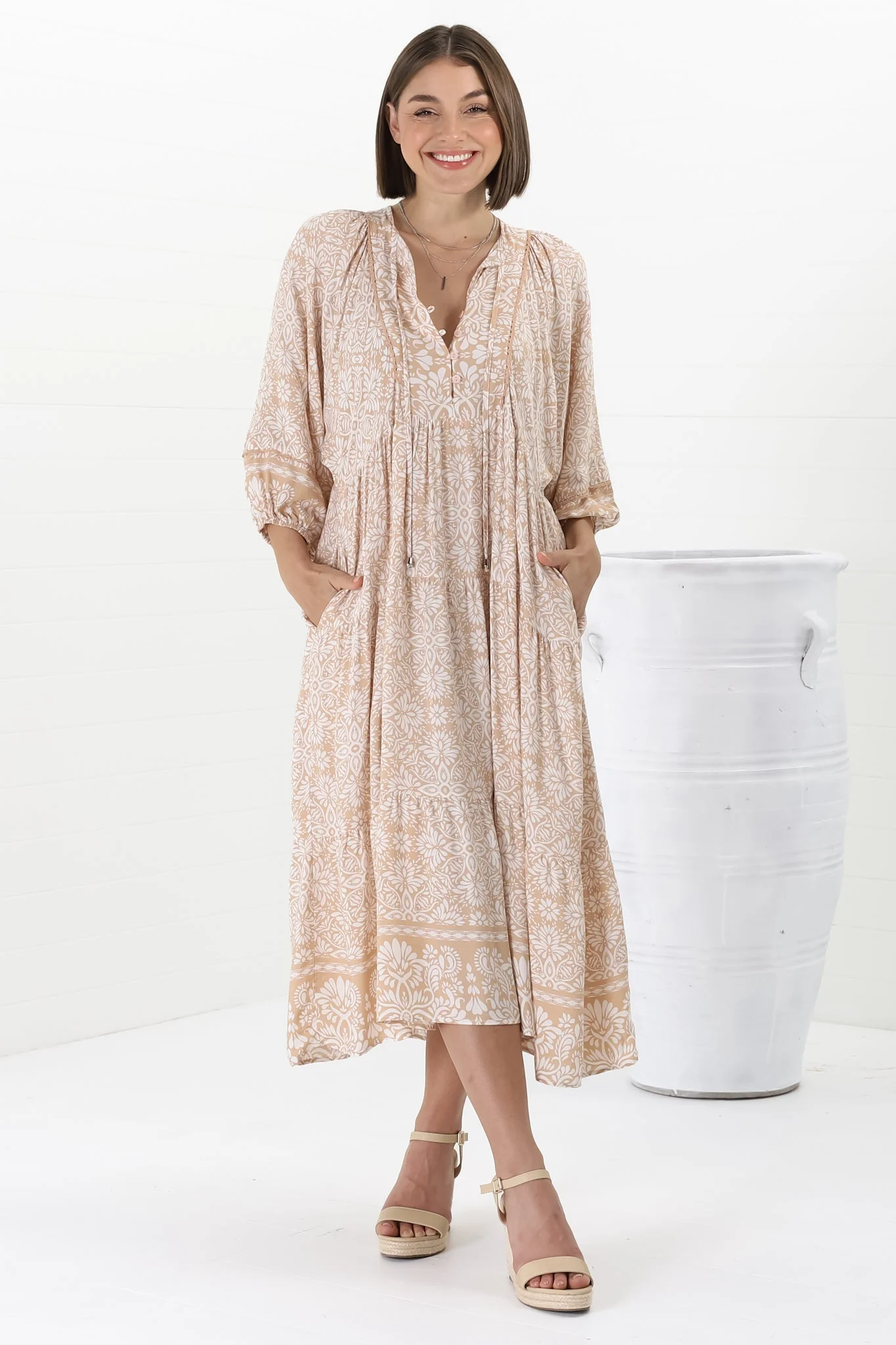 Kamali Midi Dress - Batwing Sleeve Smock Dress with Lace Detailing in Harley Print Beige - Image 16