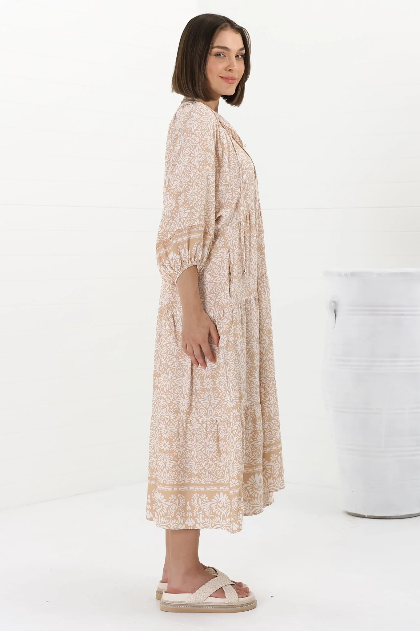 Kamali Midi Dress - Batwing Sleeve Smock Dress with Lace Detailing in Harley Print Beige - Image 17