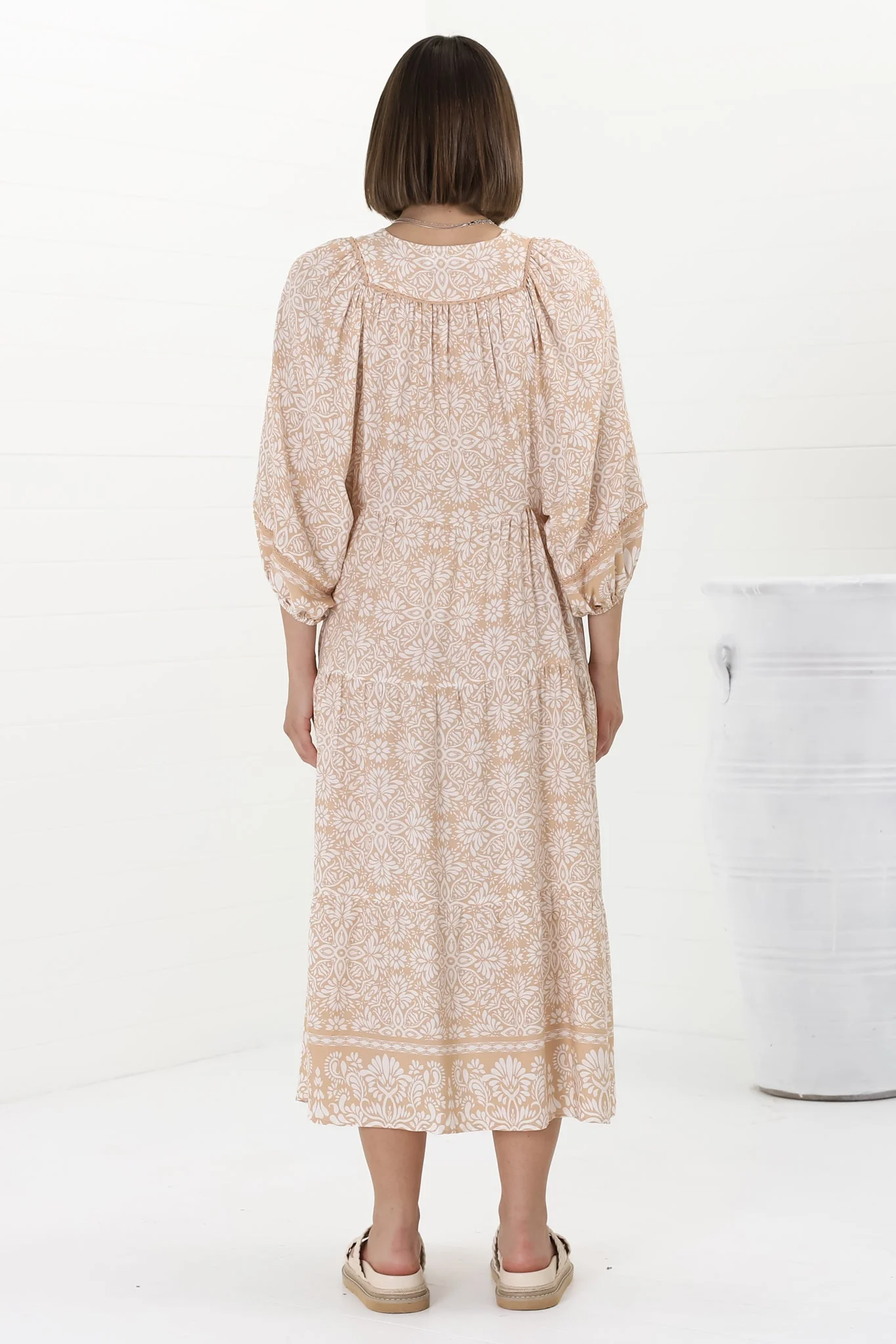 Kamali Midi Dress - Batwing Sleeve Smock Dress with Lace Detailing in Harley Print Beige - Image 18