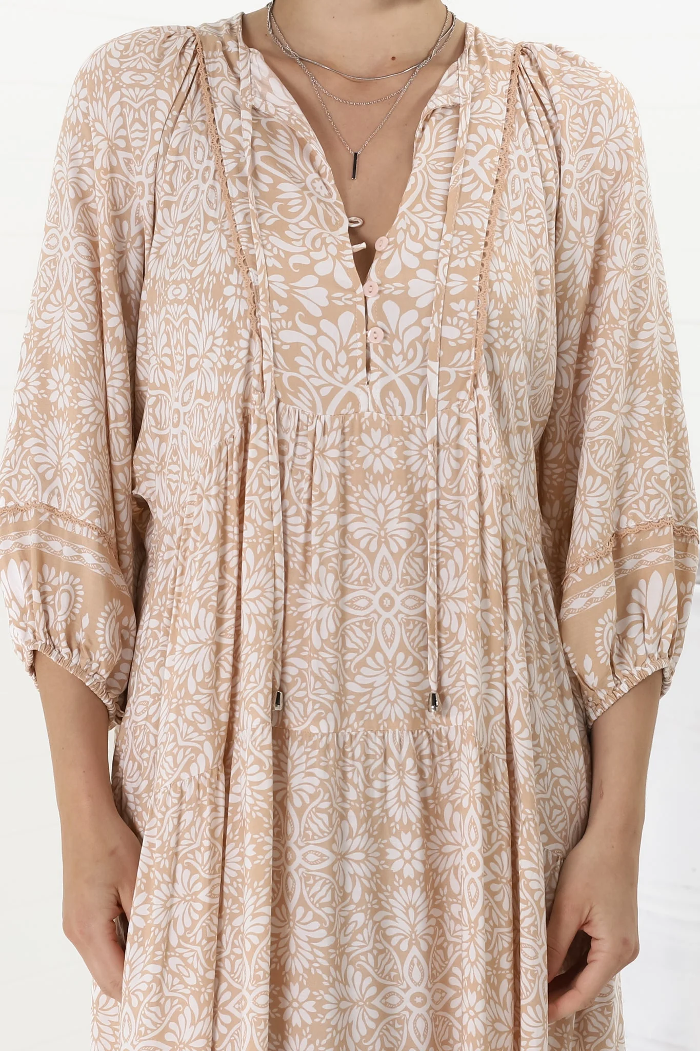 Kamali Midi Dress - Batwing Sleeve Smock Dress with Lace Detailing in Harley Print Beige - Image 19