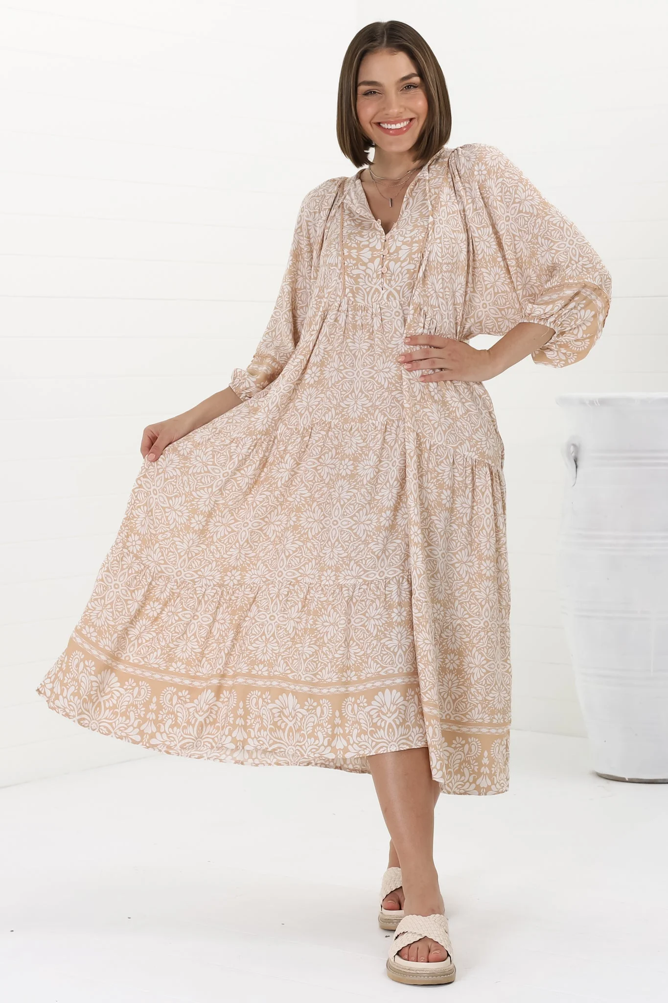 Kamali Midi Dress - Batwing Sleeve Smock Dress with Lace Detailing in Harley Print Beige - Image 4