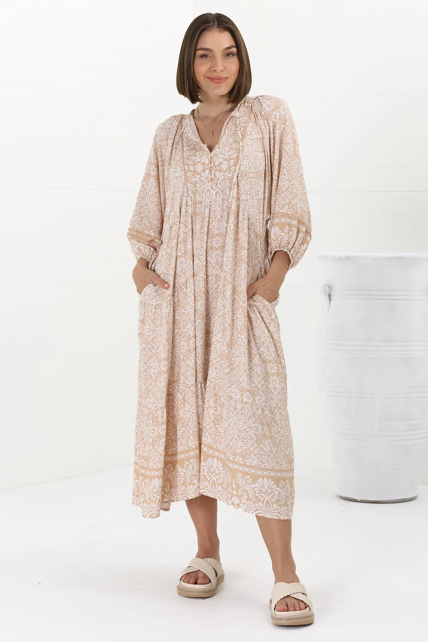 Kamali Midi Dress - Batwing Sleeve Smock Dress with Lace Detailing in Harley Print Beige - Image 5