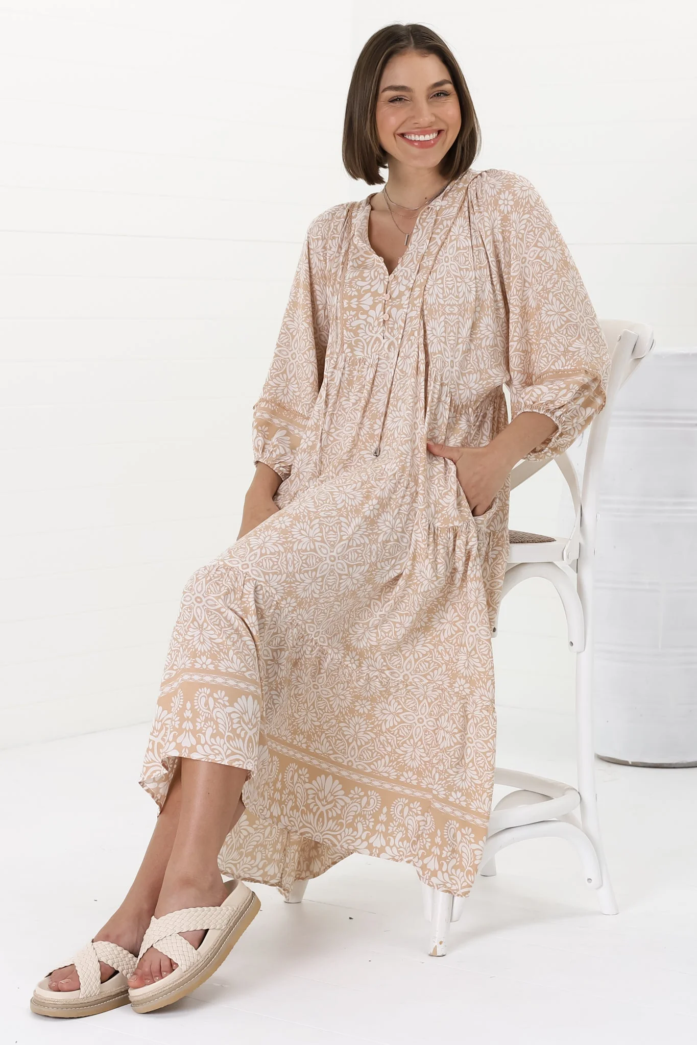 Kamali Midi Dress - Batwing Sleeve Smock Dress with Lace Detailing in Harley Print Beige - Image 6