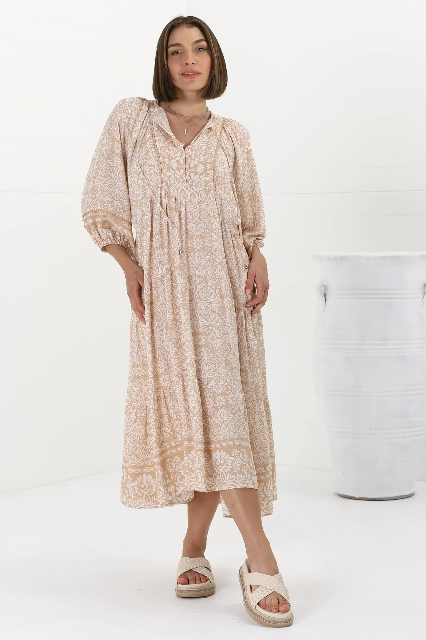 Kamali Midi Dress - Batwing Sleeve Smock Dress with Lace Detailing in Harley Print Beige - Image 7