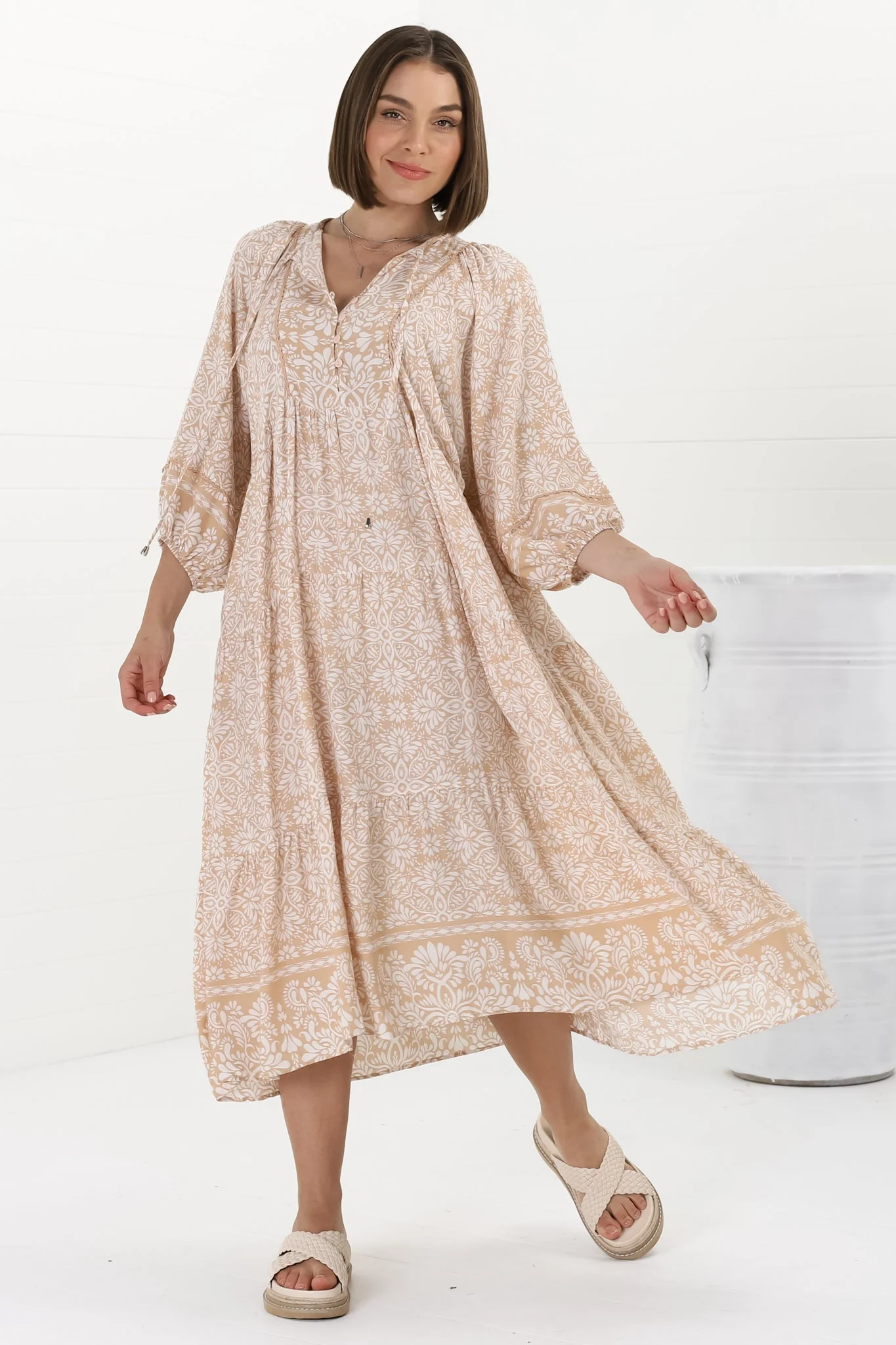Kamali Midi Dress - Batwing Sleeve Smock Dress with Lace Detailing in Harley Print Beige - Image 8