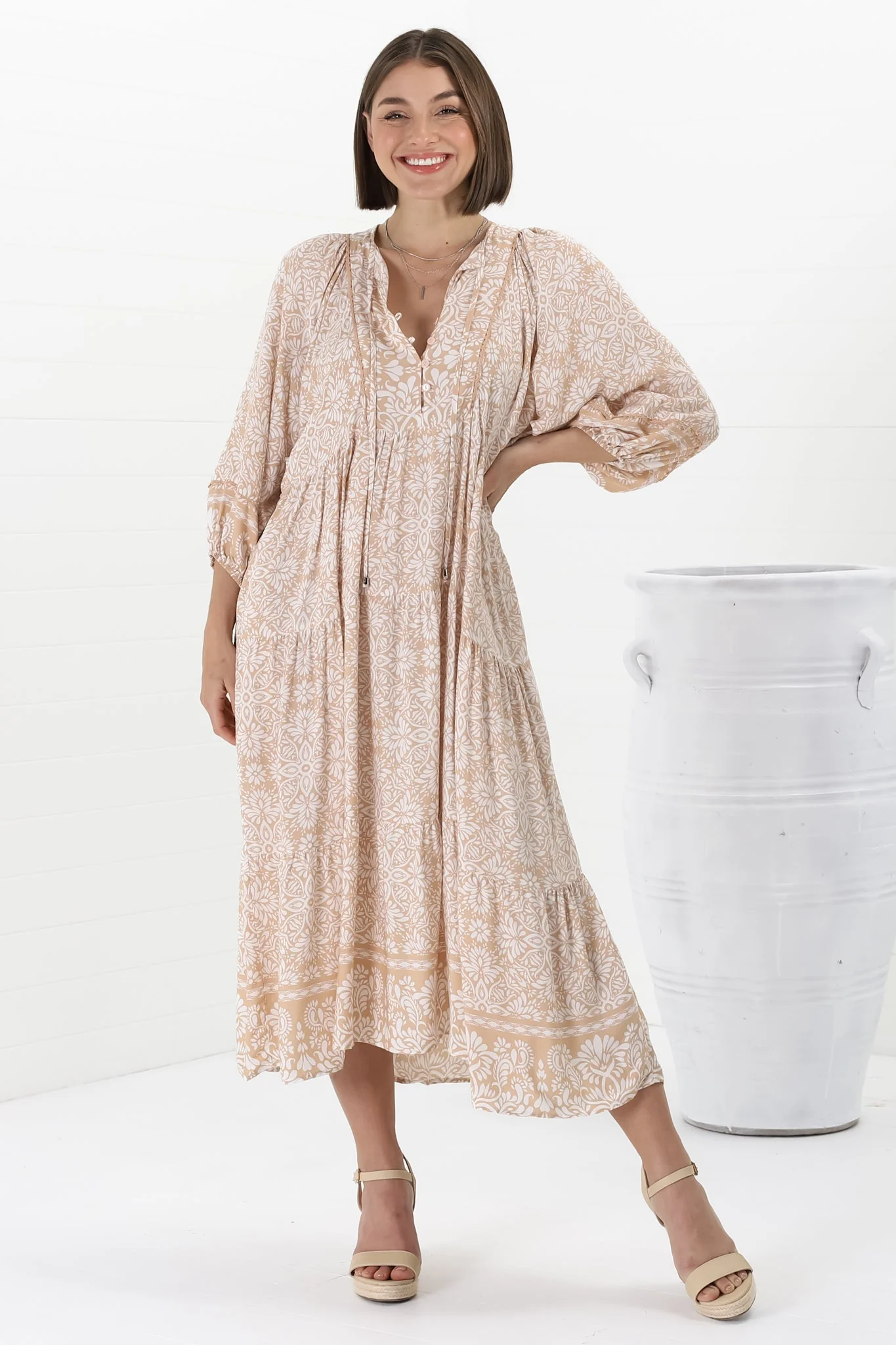 Kamali Midi Dress - Batwing Sleeve Smock Dress with Lace Detailing in Harley Print Beige - Image 9
