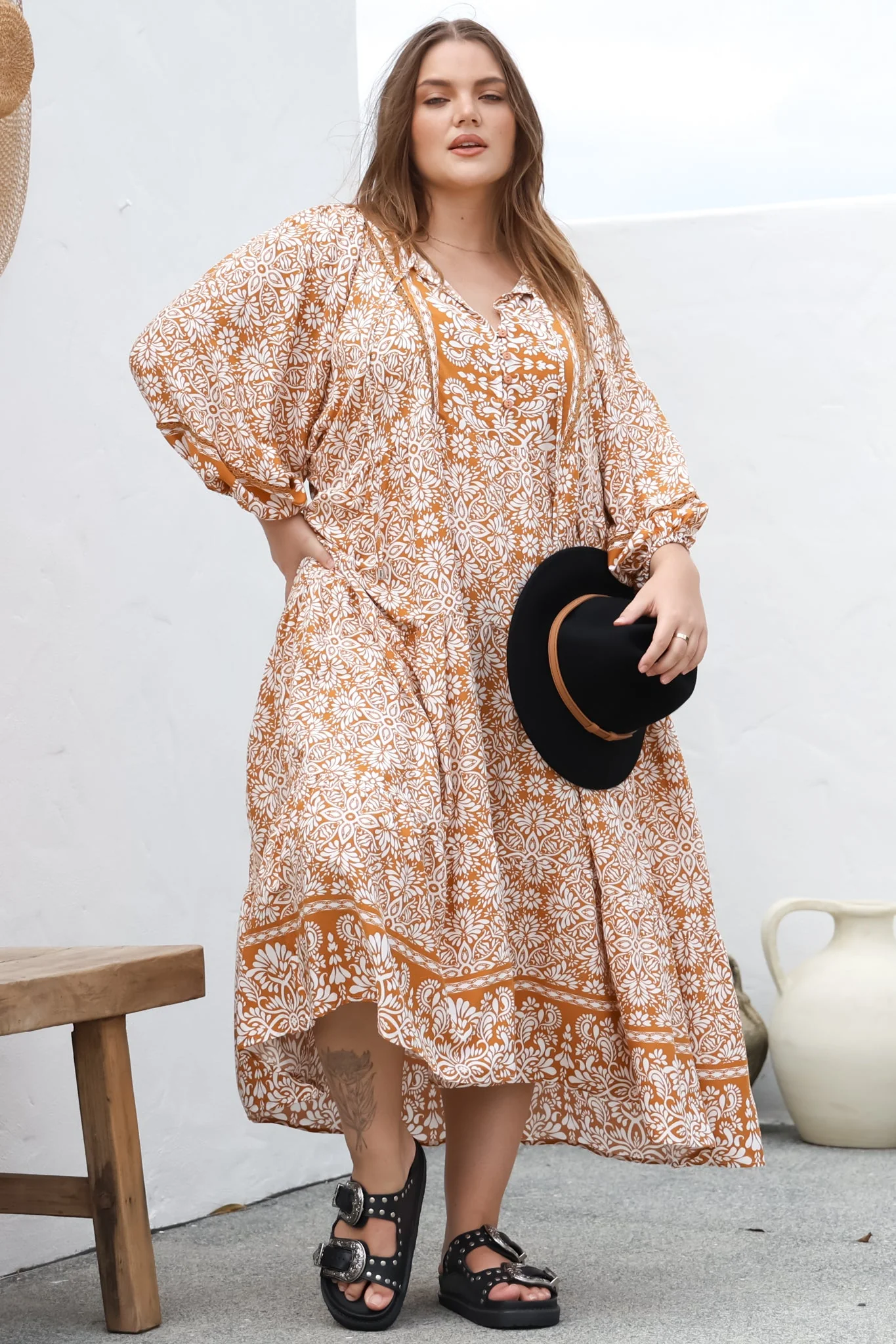 Kamali Midi Dress - Batwing Sleeve Smock Dress with Lace Detailing in Harley Print Rust - Image 10