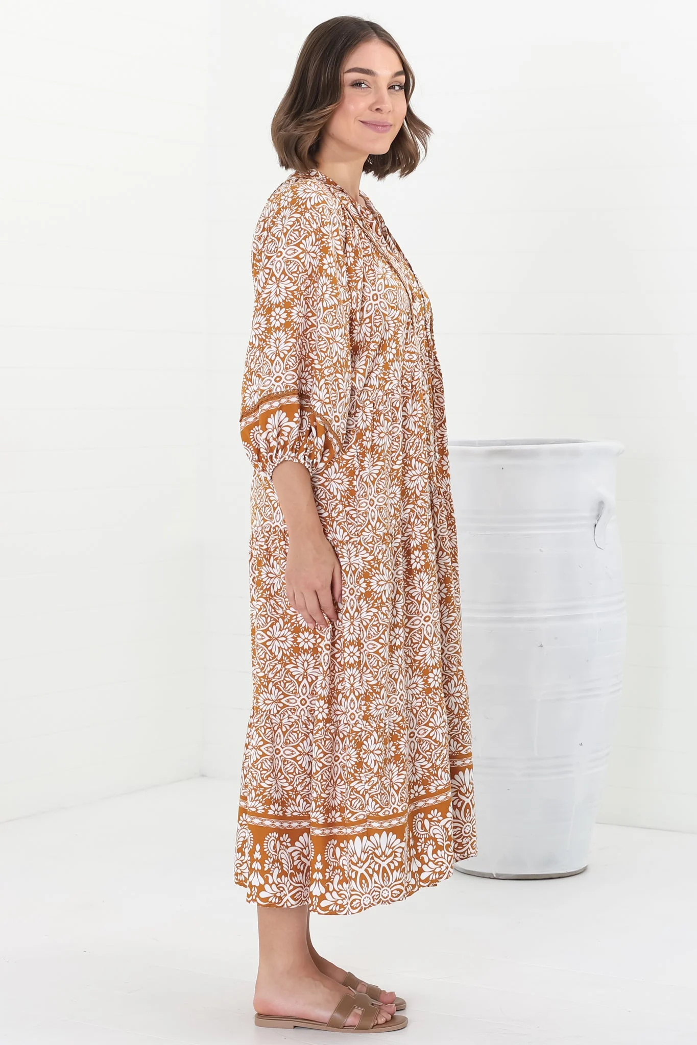 Kamali Midi Dress - Batwing Sleeve Smock Dress with Lace Detailing in Harley Print Rust - Image 11