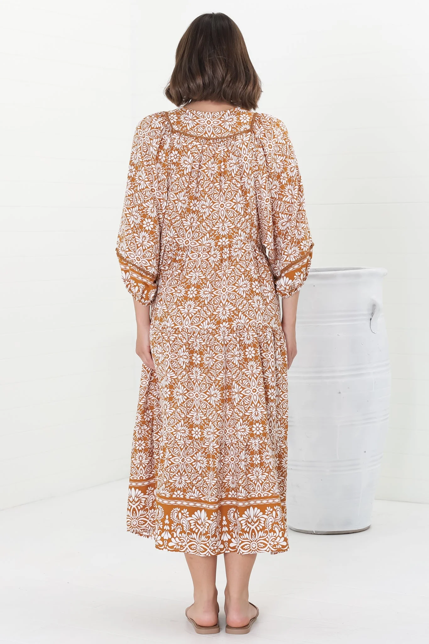 Kamali Midi Dress - Batwing Sleeve Smock Dress with Lace Detailing in Harley Print Rust - Image 12