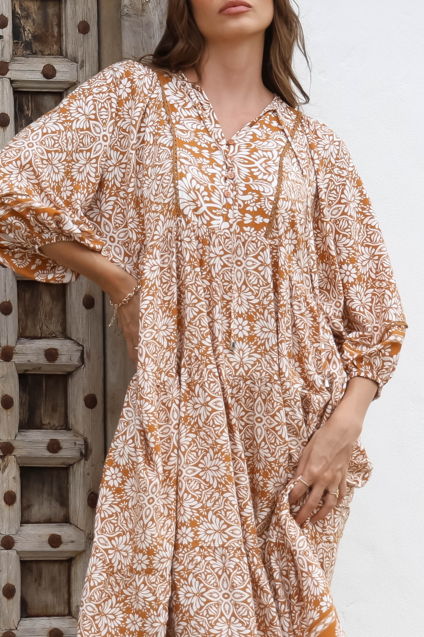 Kamali Midi Dress - Batwing Sleeve Smock Dress with Lace Detailing in Harley Print Rust - Image 13