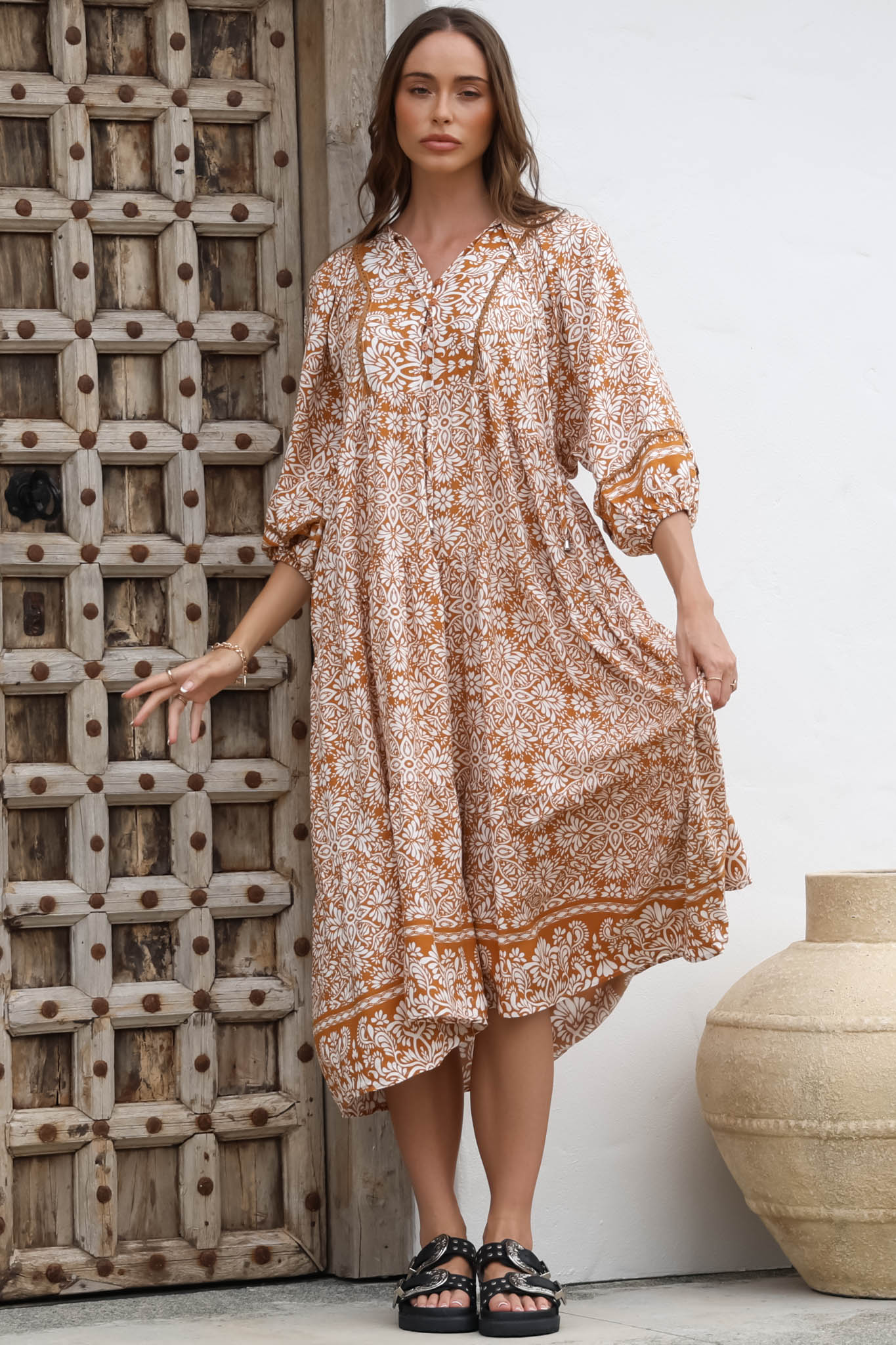 Kamali Midi Dress - Batwing Sleeve Smock Dress with Lace Detailing in Harley Print Rust - Image 3