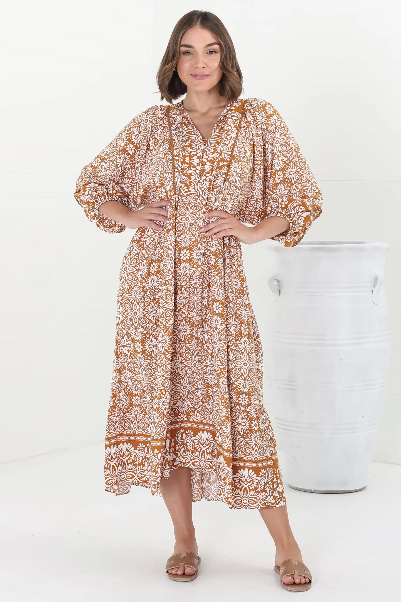 Kamali Midi Dress - Batwing Sleeve Smock Dress with Lace Detailing in Harley Print Rust - Image 4
