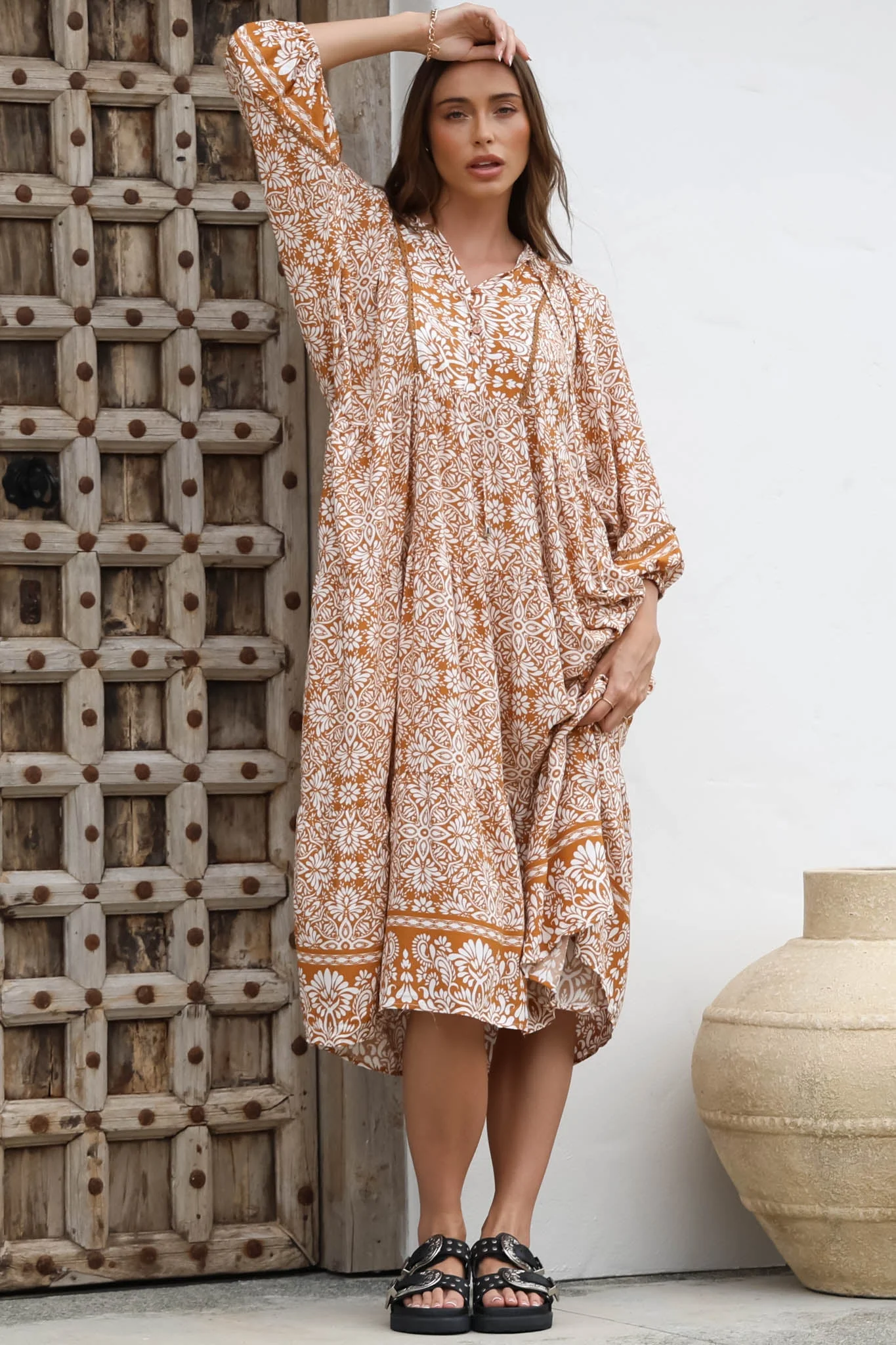 Kamali Midi Dress - Batwing Sleeve Smock Dress with Lace Detailing in Harley Print Rust - Image 5