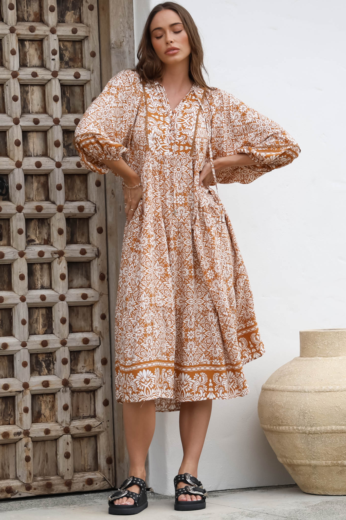 Kamali Midi Dress - Batwing Sleeve Smock Dress with Lace Detailing in Harley Print Rust - Image 7