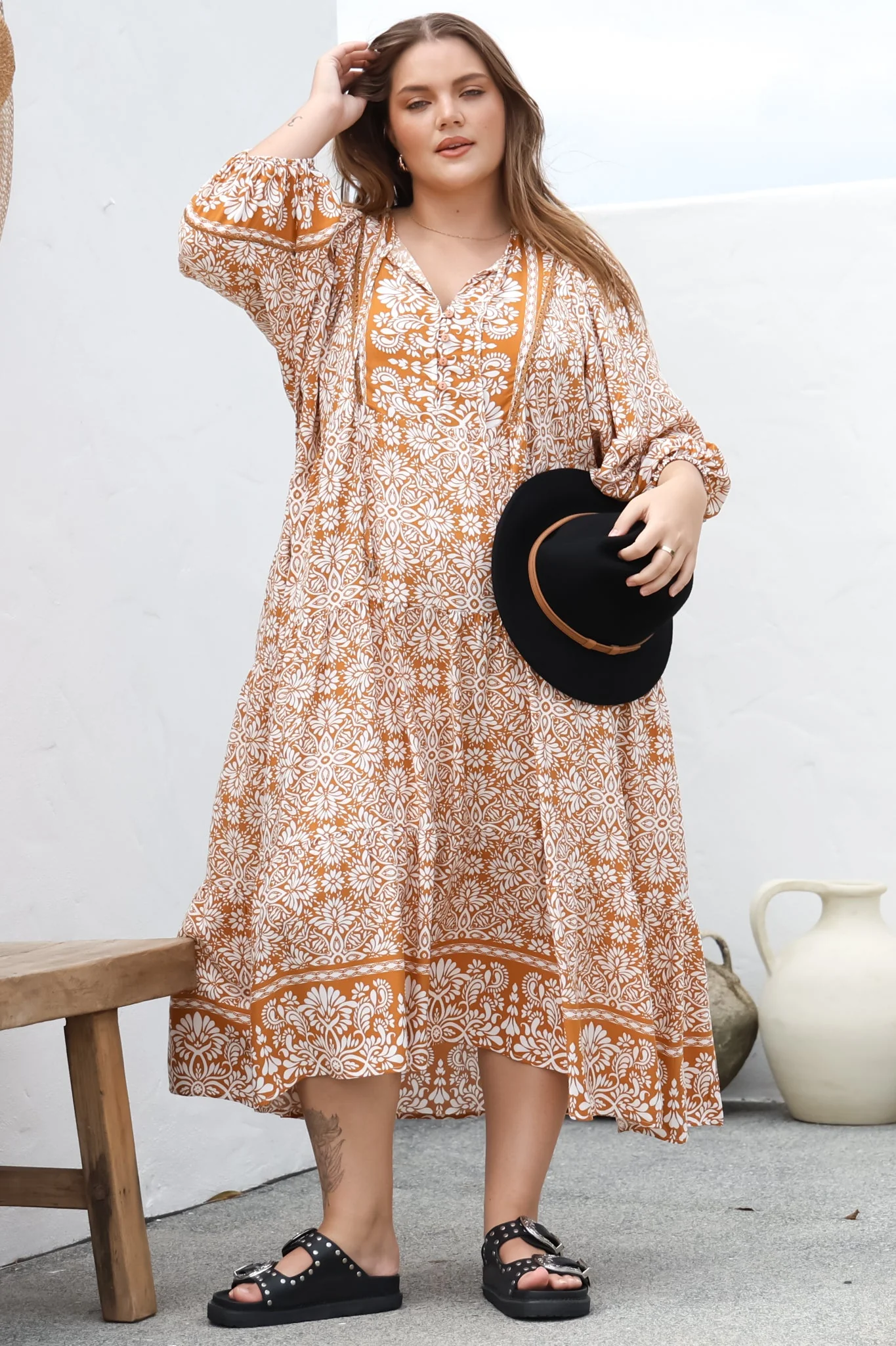 Kamali Midi Dress - Batwing Sleeve Smock Dress with Lace Detailing in Harley Print Rust - Image 8