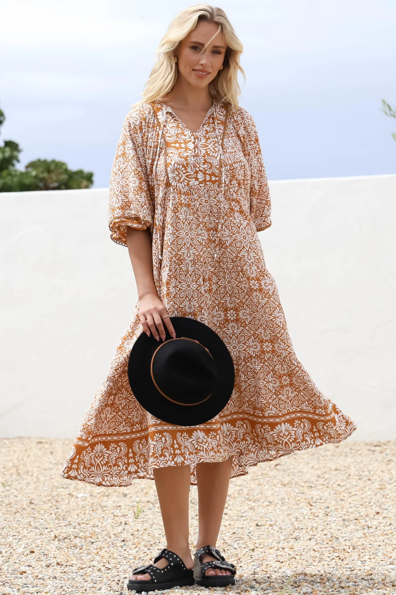Kamali Midi Dress - Batwing Sleeve Smock Dress with Lace Detailing in Harley Print Rust - Image 9