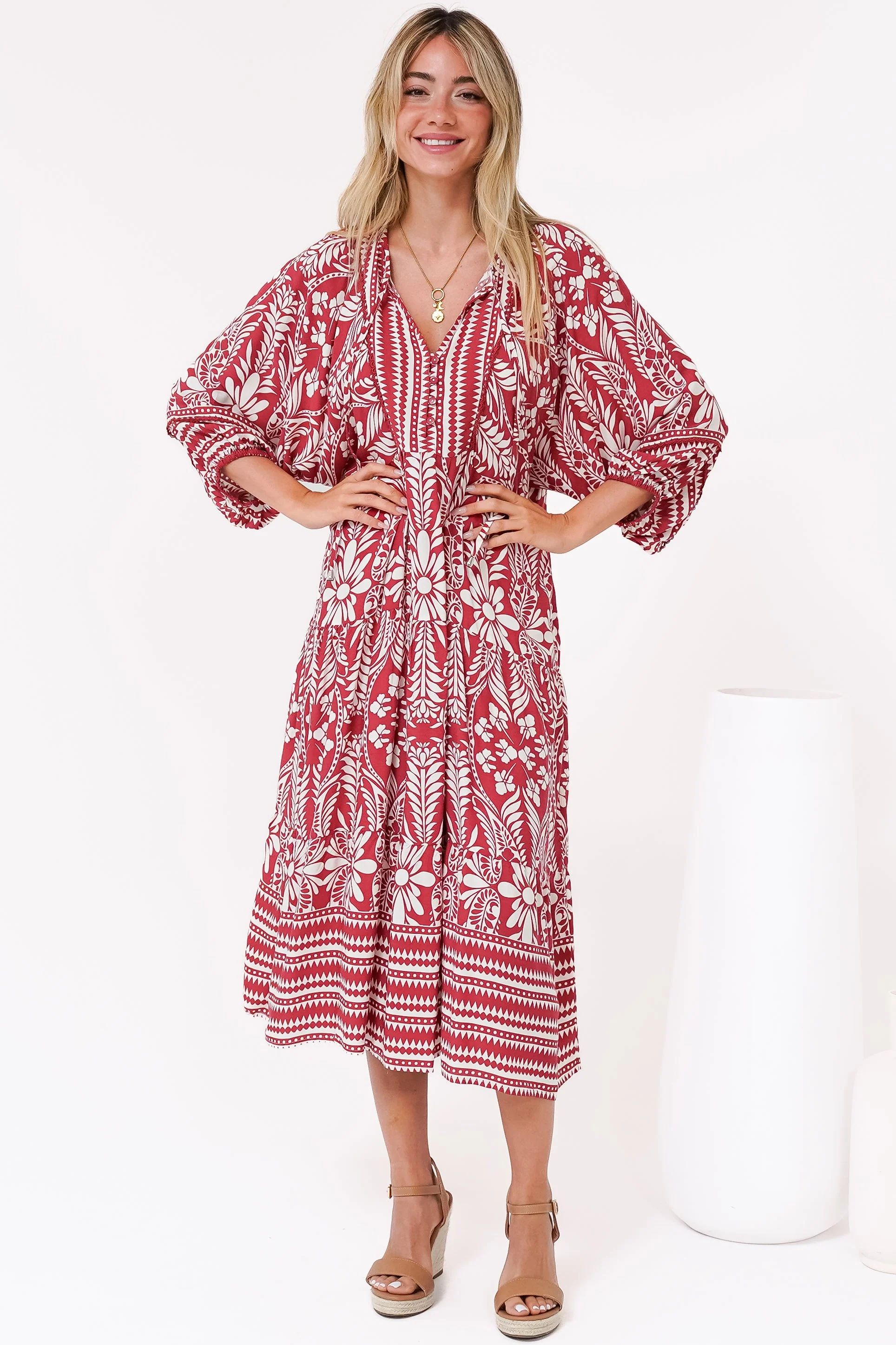 Kamali Midi Dress - Batwing Sleeve Smock Dress with Lace Detailing in Marette Print Red - Image 2