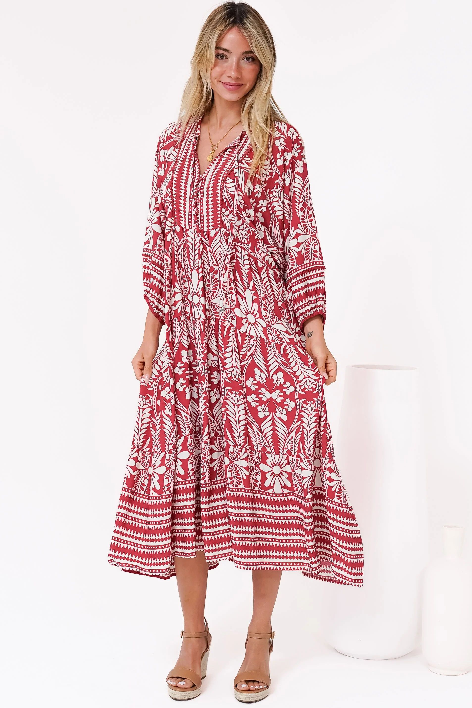 Kamali Midi Dress - Batwing Sleeve Smock Dress with Lace Detailing in Marette Print Red - Image 3