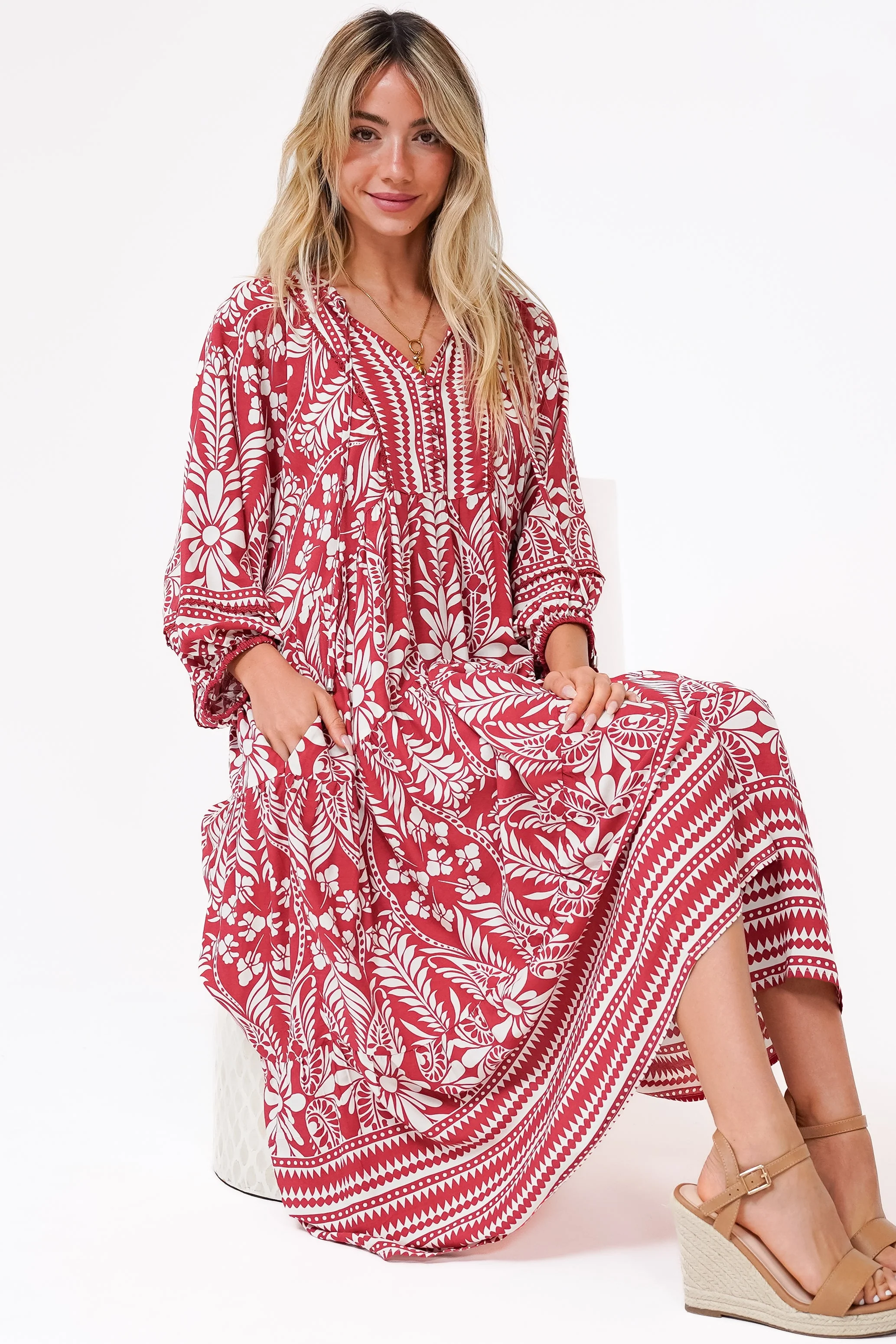 Kamali Midi Dress - Batwing Sleeve Smock Dress with Lace Detailing in Marette Print Red - Image 4
