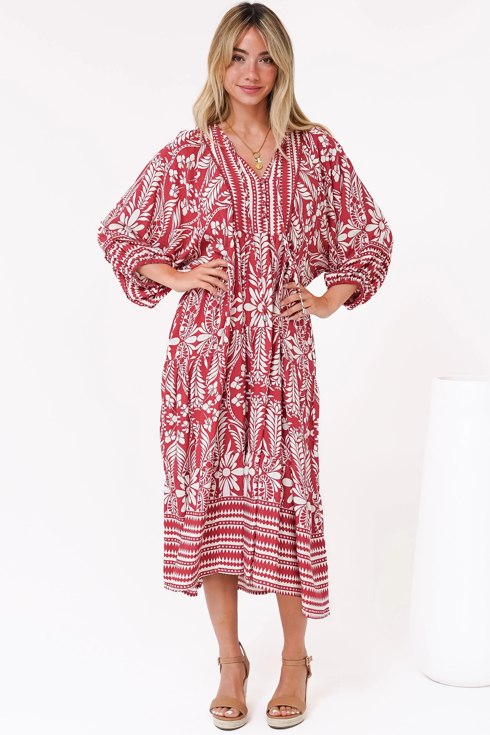 Kamali Midi Dress - Batwing Sleeve Smock Dress with Lace Detailing in Marette Print Red - Image 5