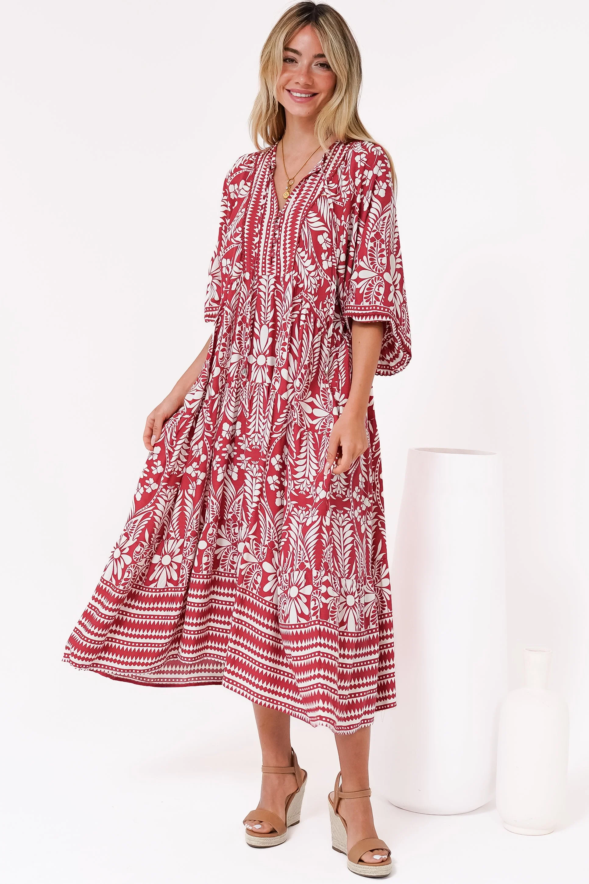 Kamali Midi Dress - Batwing Sleeve Smock Dress with Lace Detailing in Marette Print Red - Image 6