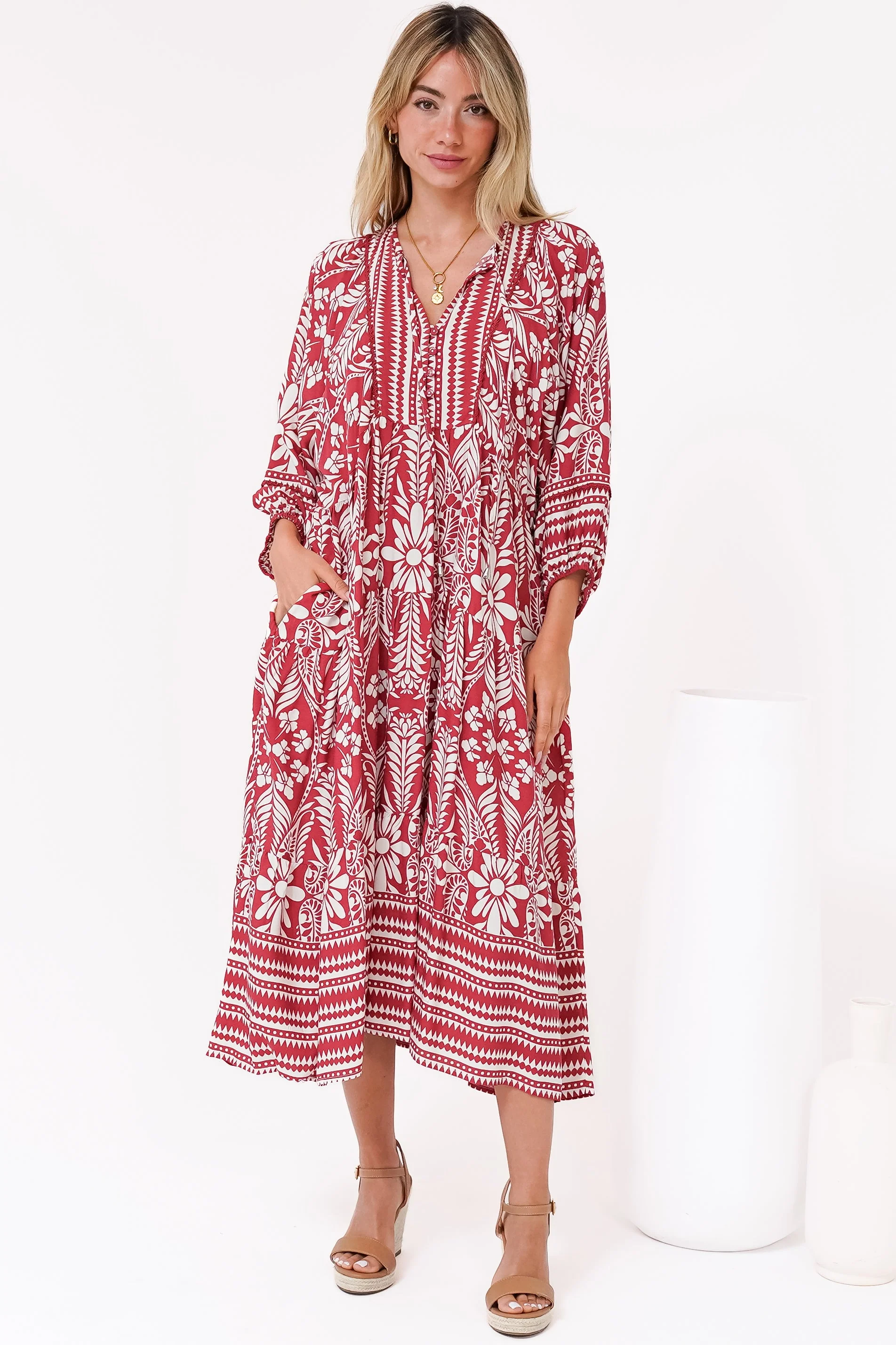 Kamali Midi Dress - Batwing Sleeve Smock Dress with Lace Detailing in Marette Print Red - Image 7