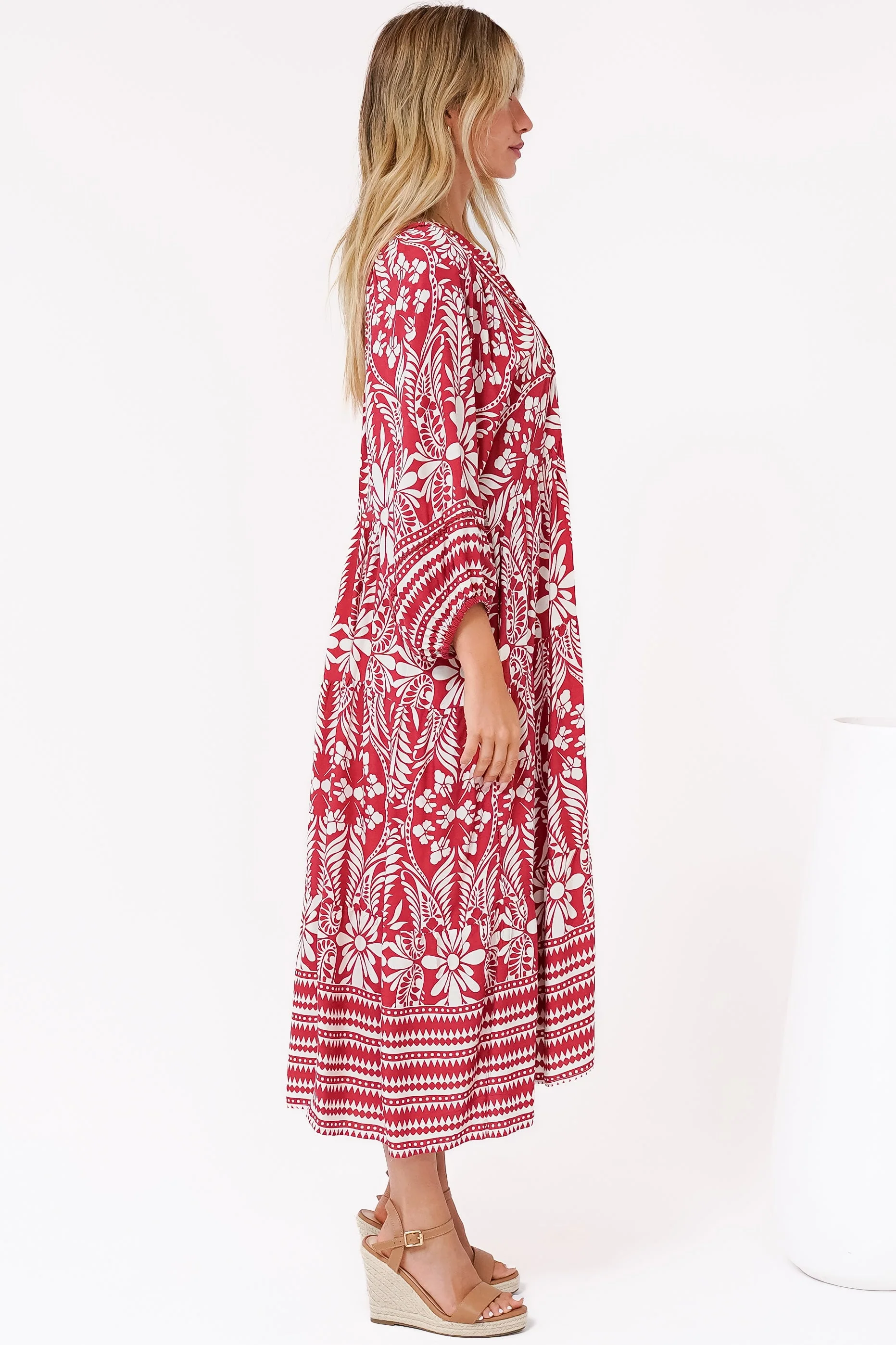 Kamali Midi Dress - Batwing Sleeve Smock Dress with Lace Detailing in Marette Print Red - Image 8