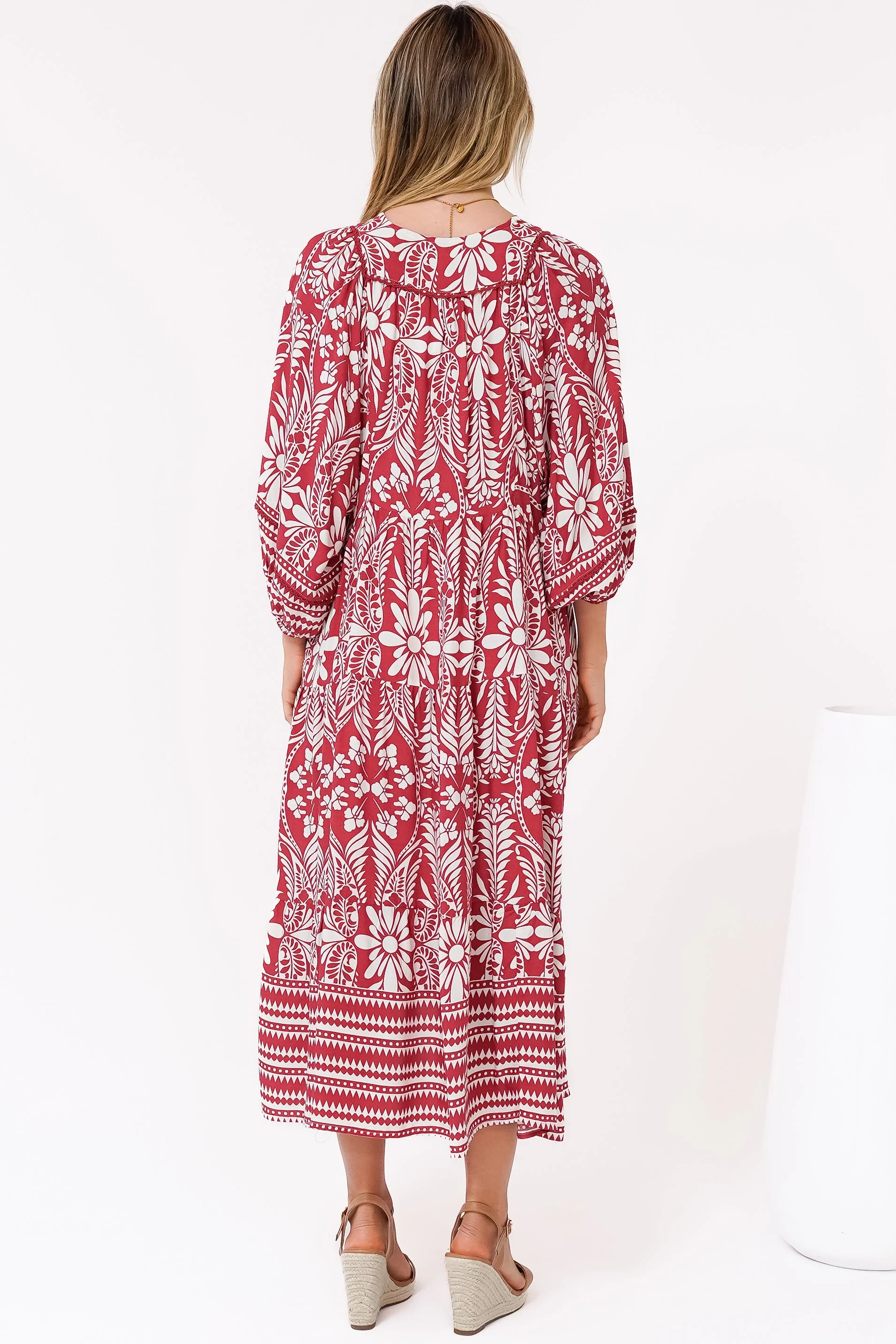 Kamali Midi Dress - Batwing Sleeve Smock Dress with Lace Detailing in Marette Print Red - Image 9