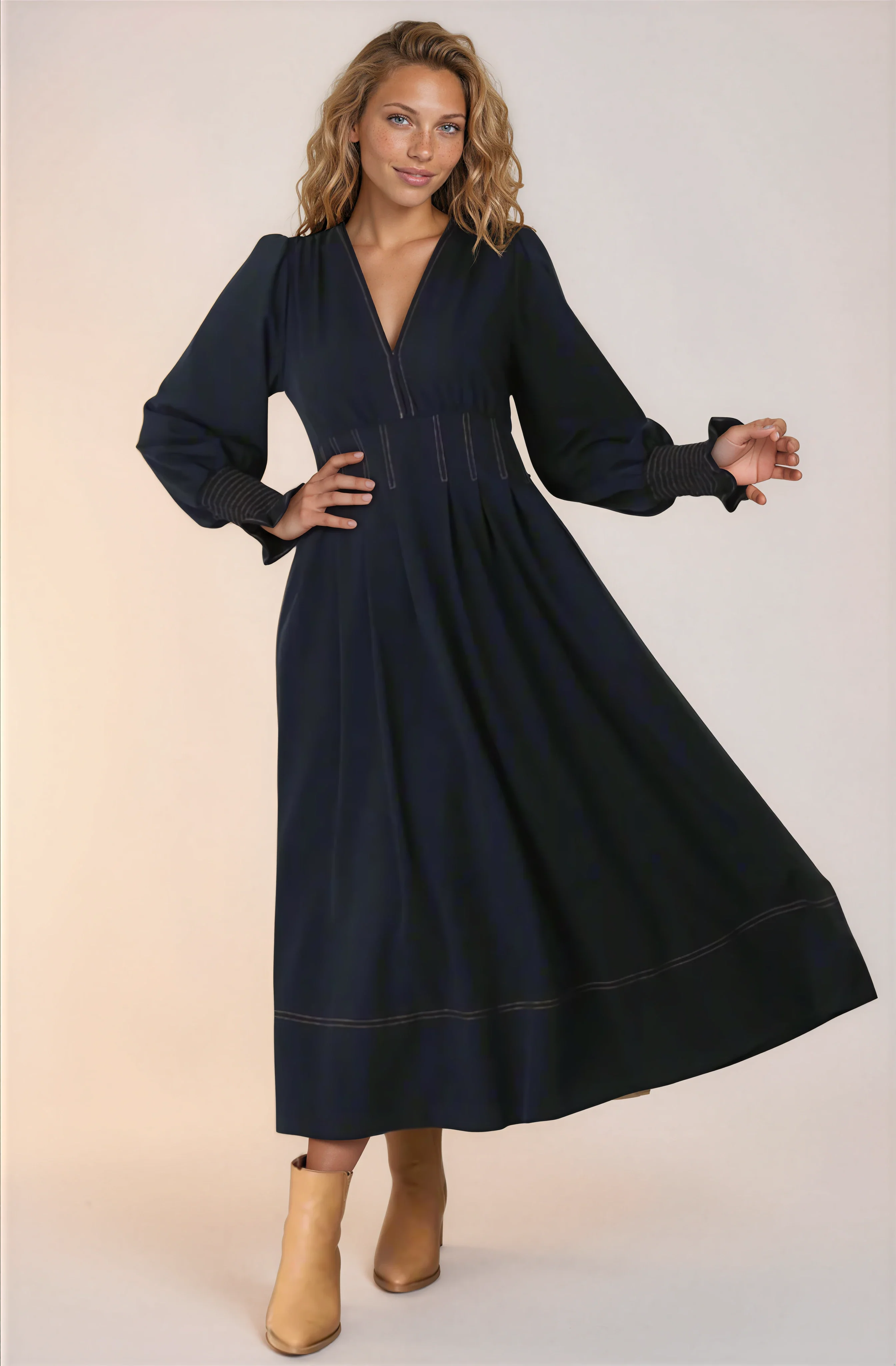 Karey Midi Dress - Dark Denim Fit and Flare Contrast Stitching Midi Dress - Image 12