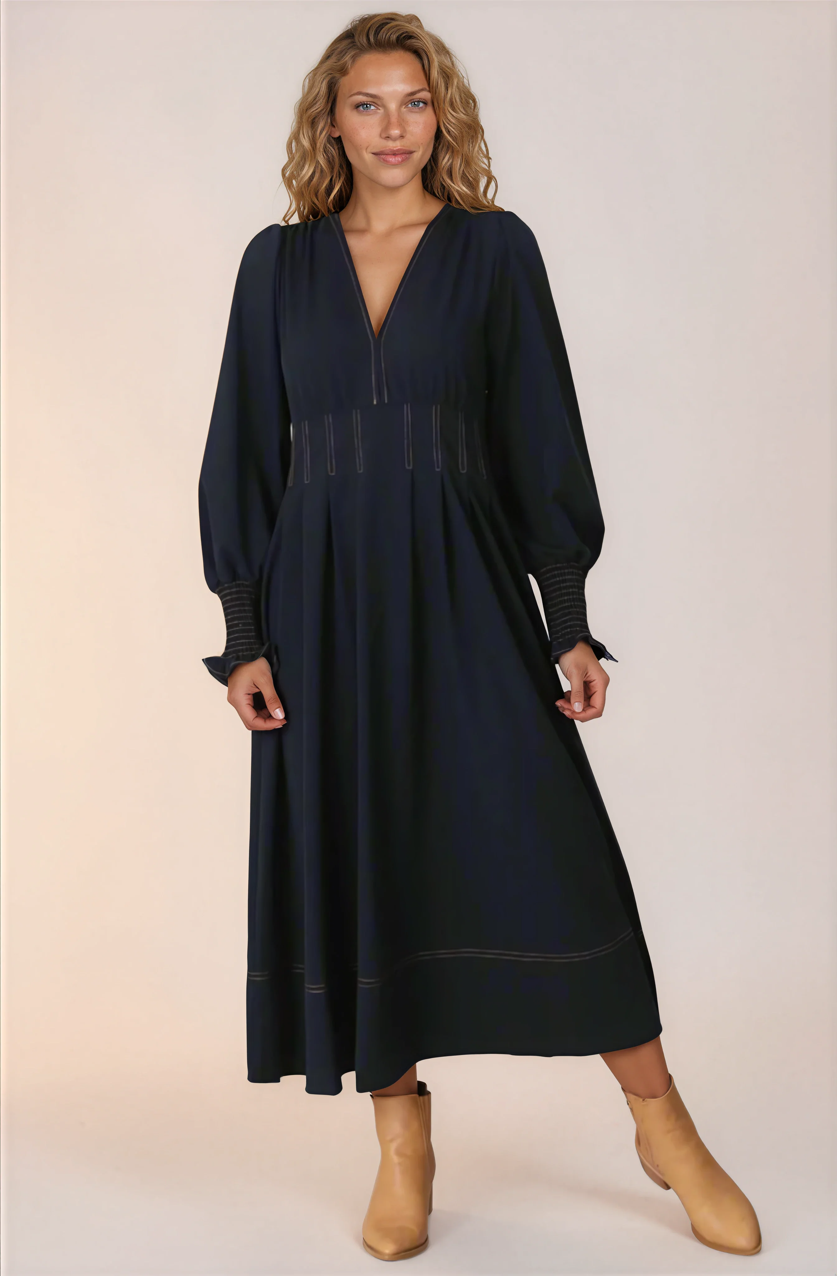 Karey Midi Dress - Dark Denim Fit and Flare Contrast Stitching Midi Dress - Image 13