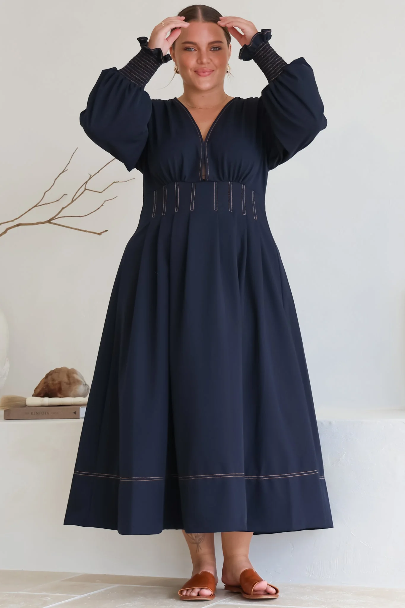 Karey Midi Dress - Dark Denim Fit and Flare Contrast Stitching Midi Dress - Image 14