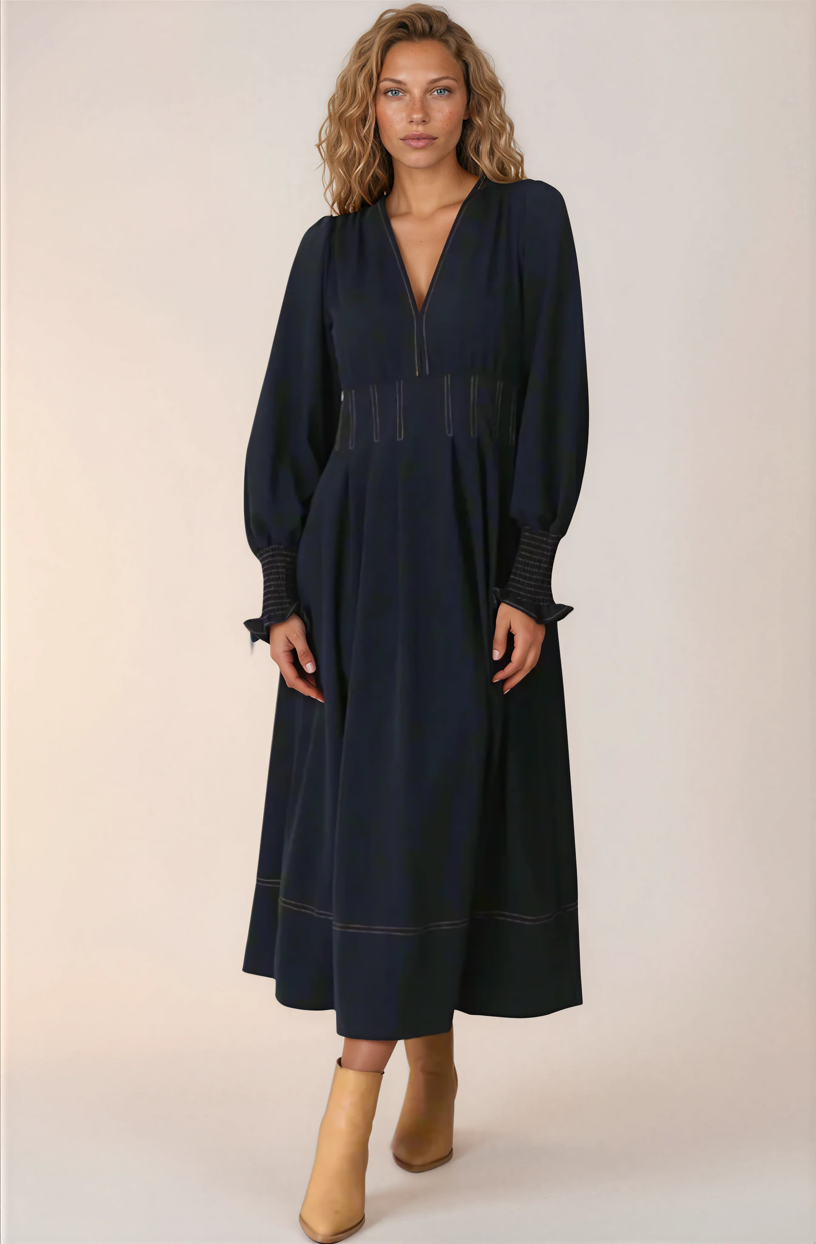Karey Midi Dress - Dark Denim Fit and Flare Contrast Stitching Midi Dress - Image 15