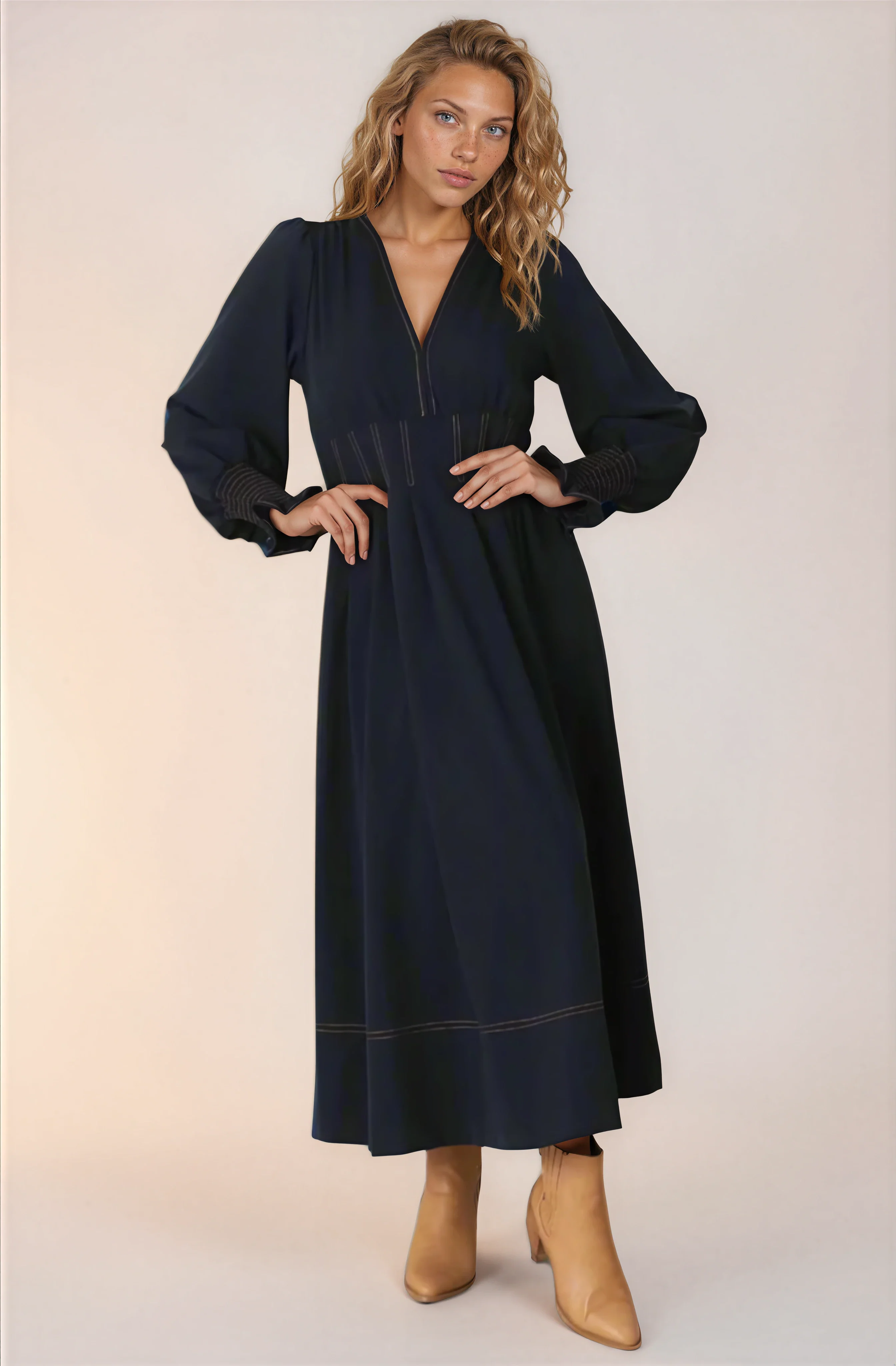 Karey Midi Dress - Dark Denim Fit and Flare Contrast Stitching Midi Dress - Image 17