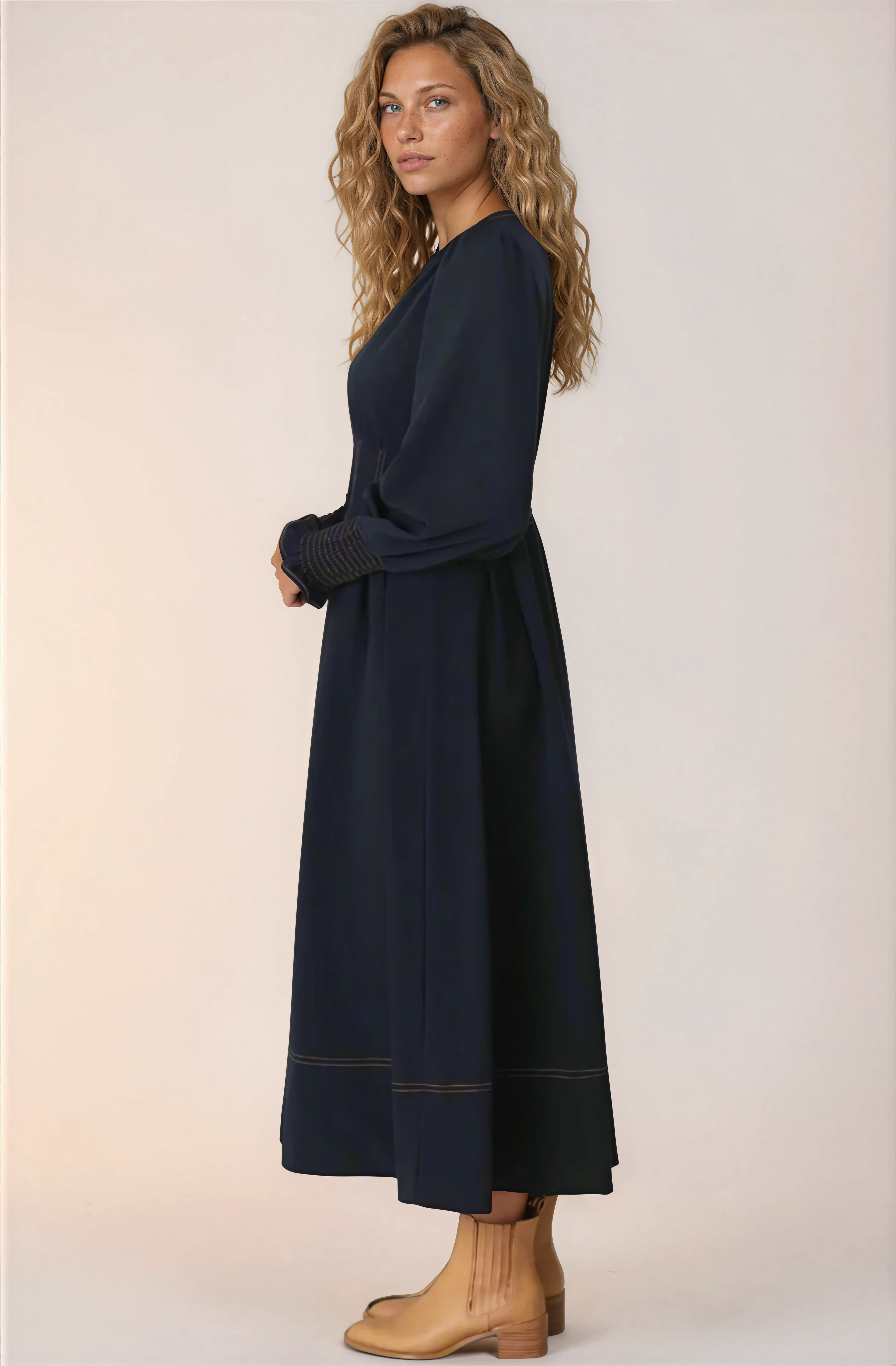 Karey Midi Dress - Dark Denim Fit and Flare Contrast Stitching Midi Dress - Image 18