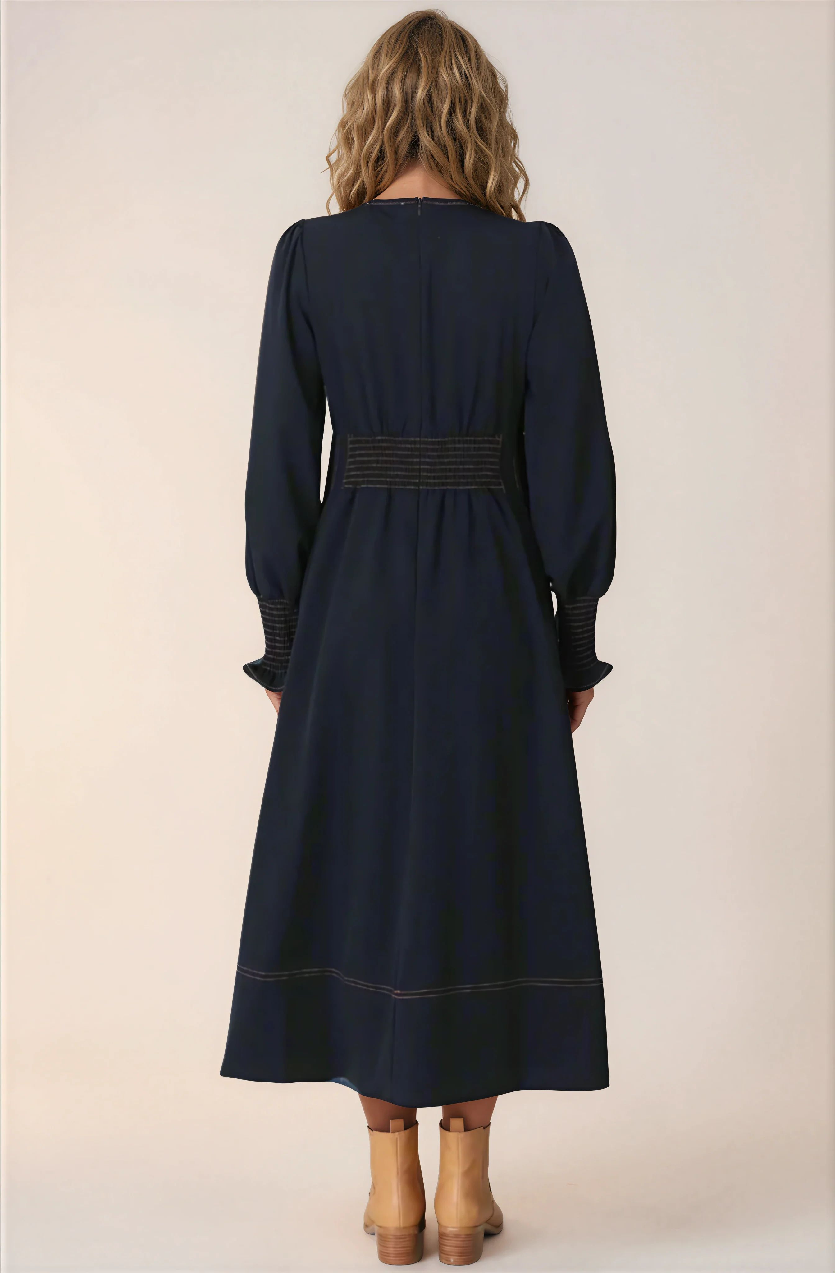 Karey Midi Dress - Dark Denim Fit and Flare Contrast Stitching Midi Dress - Image 19