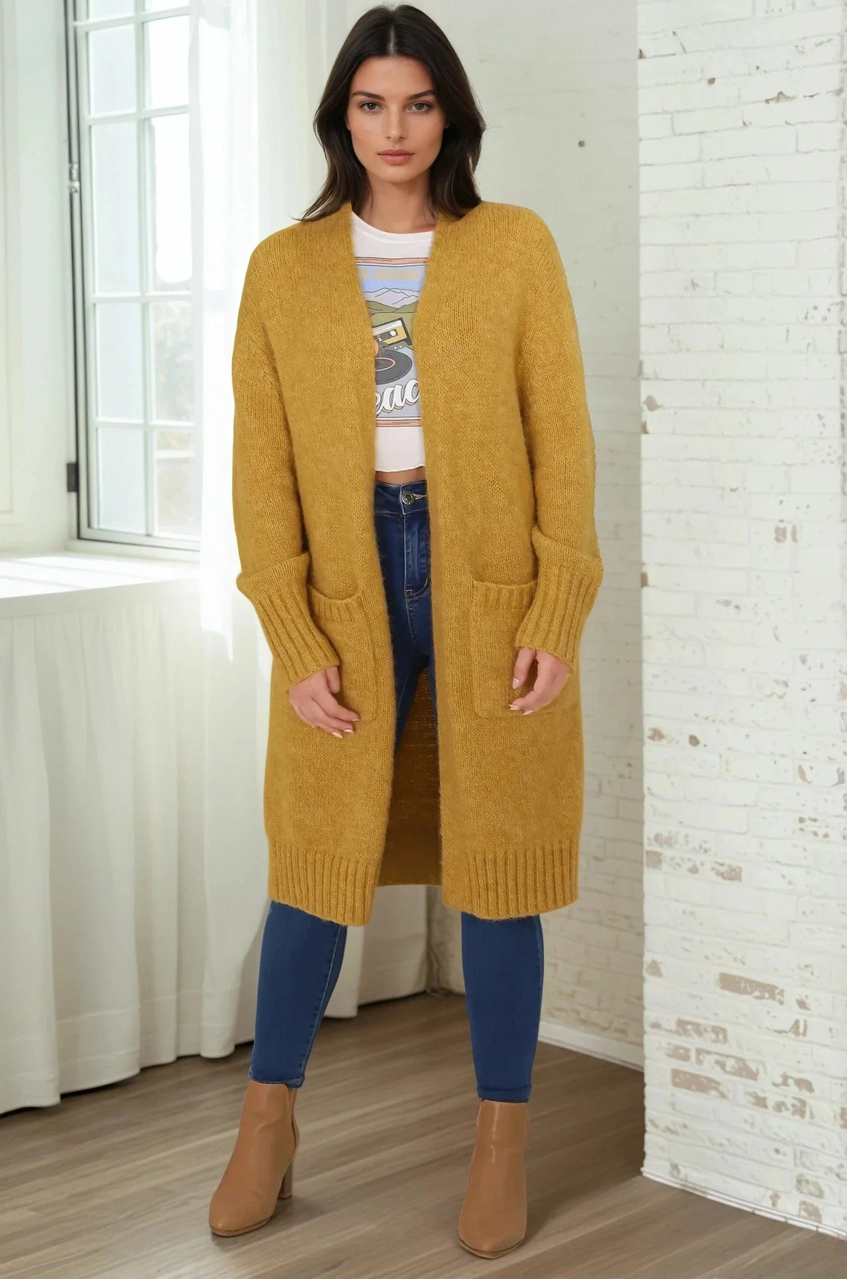 Kartika Cardigan - Long Ribbed Cuff and Hem Cardigan with Pockets in Mustard - Image 10