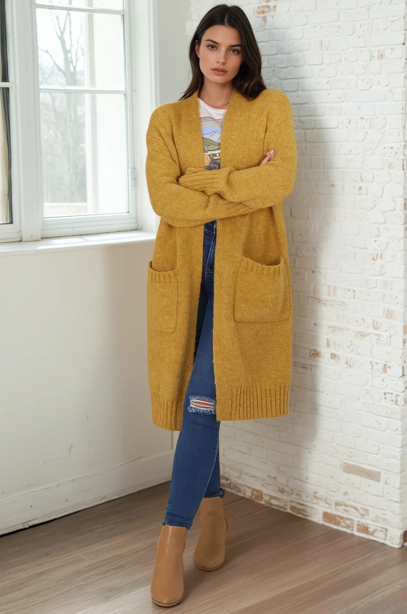 Kartika Cardigan - Long Ribbed Cuff and Hem Cardigan with Pockets in Mustard - Image 11