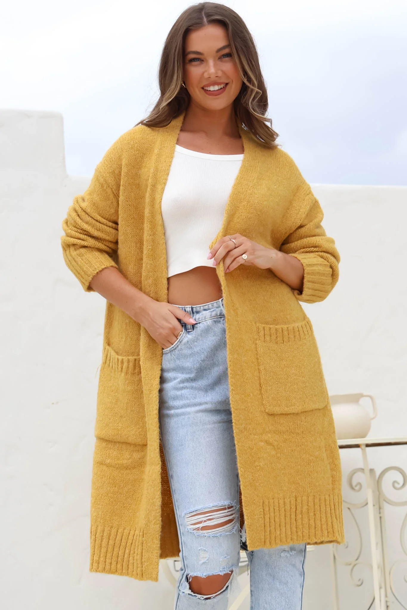 Kartika Cardigan - Long Ribbed Cuff and Hem Cardigan with Pockets in Mustard - Image 12