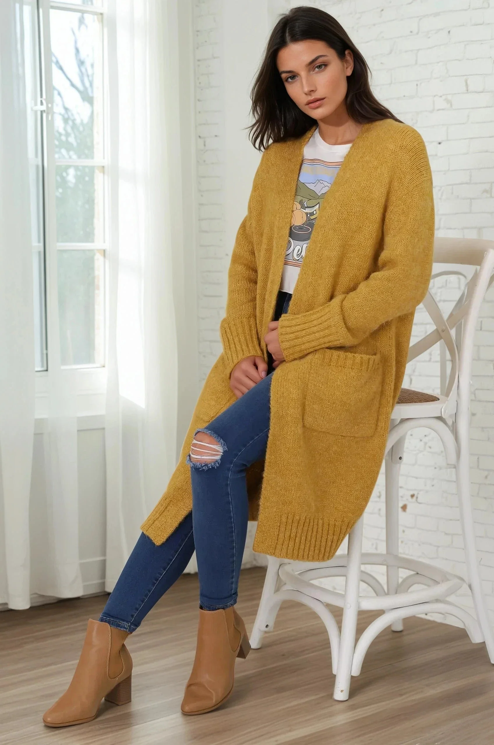 Kartika Cardigan - Long Ribbed Cuff and Hem Cardigan with Pockets in Mustard - Image 13