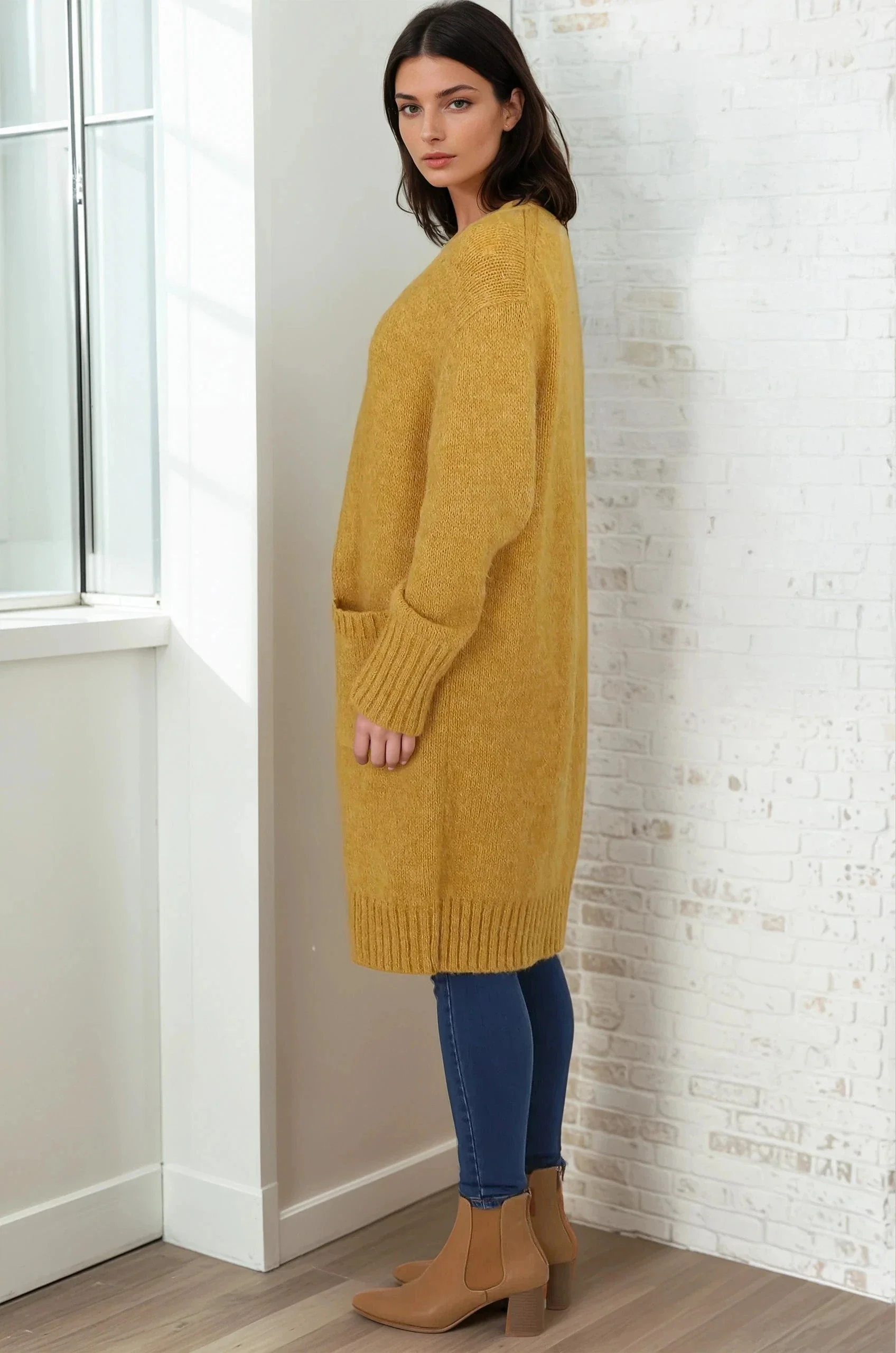 Kartika Cardigan - Long Ribbed Cuff and Hem Cardigan with Pockets in Mustard - Image 14