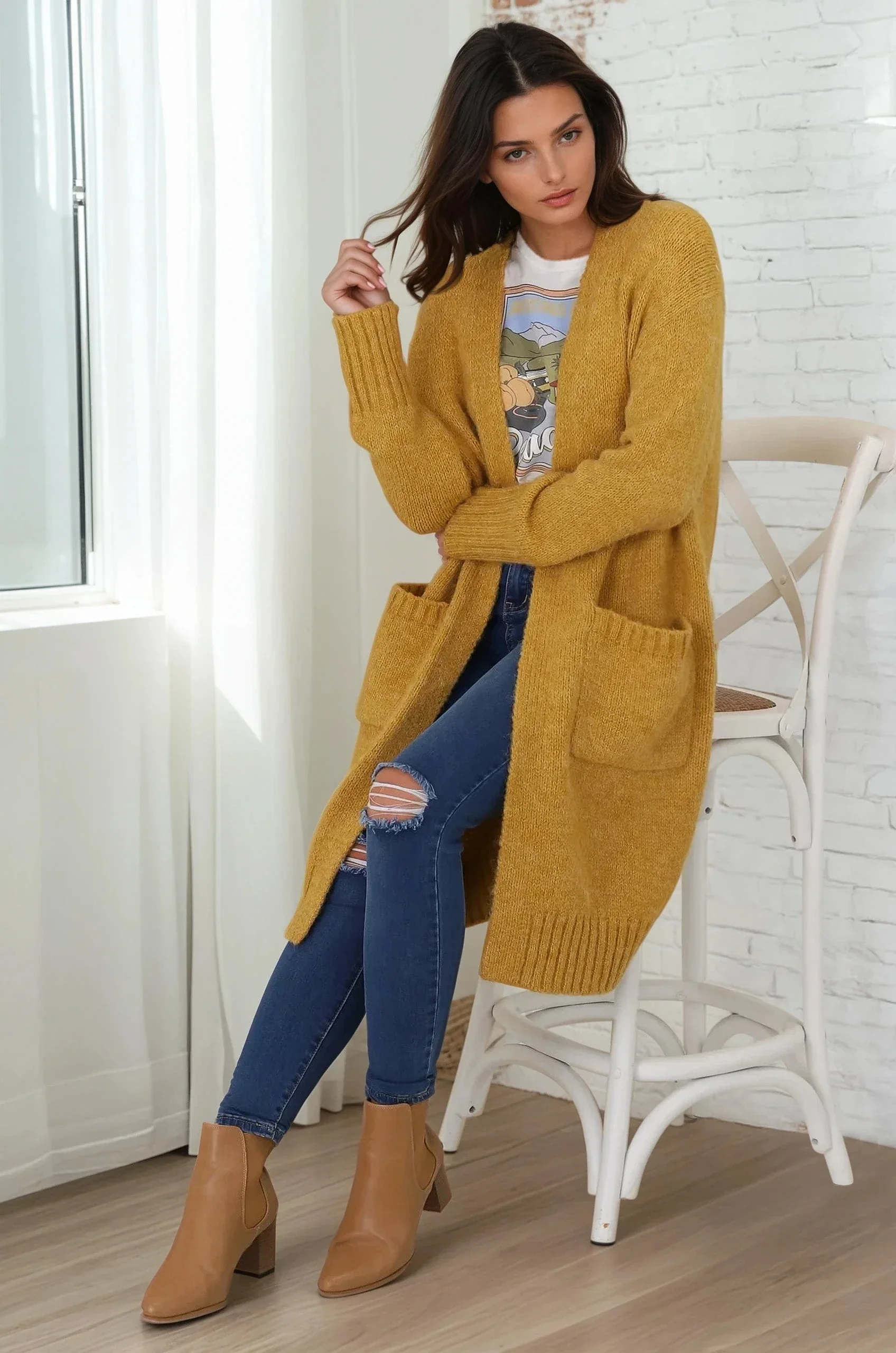 Kartika Cardigan - Long Ribbed Cuff and Hem Cardigan with Pockets in Mustard - Image 3