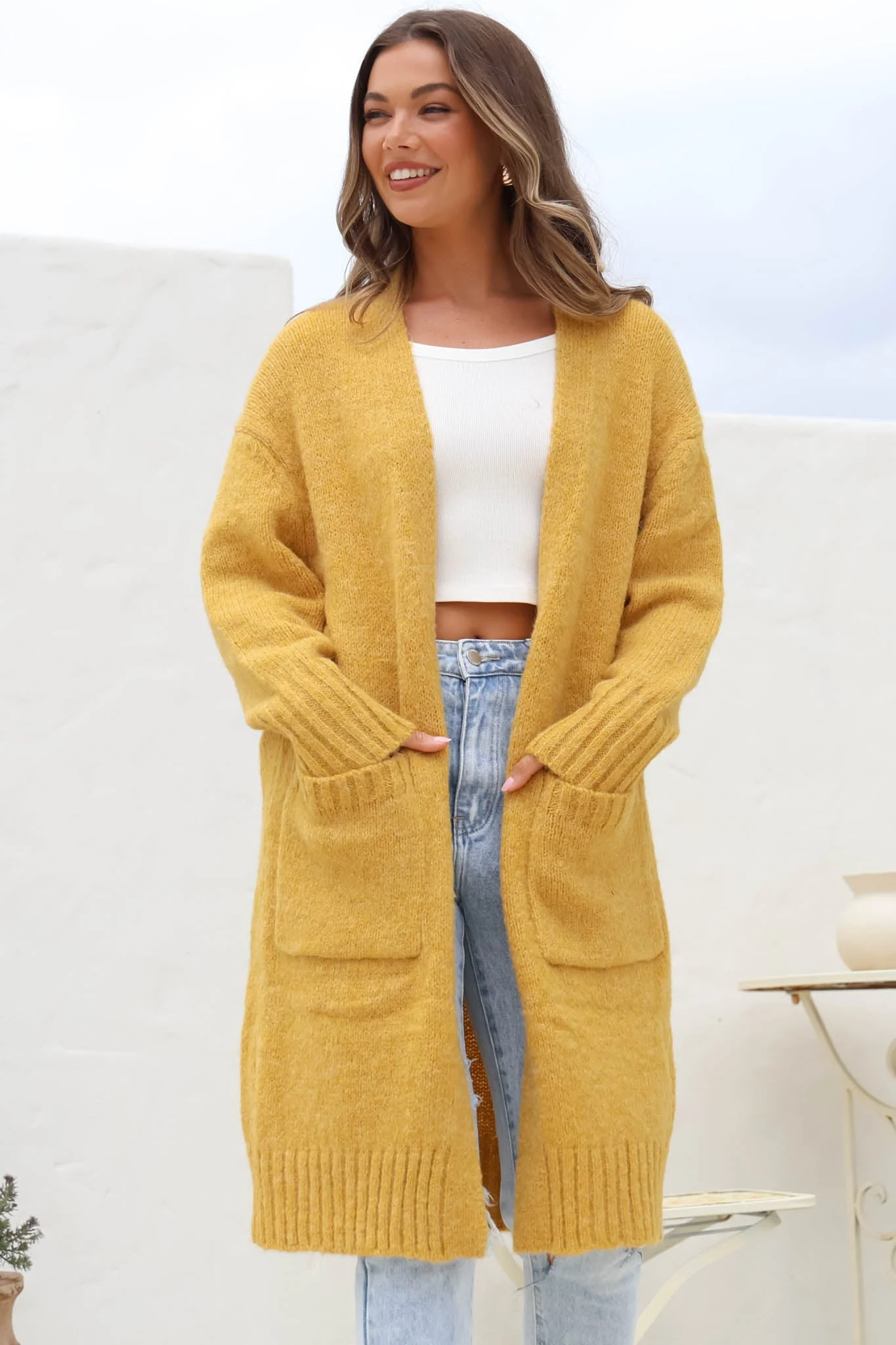 Kartika Cardigan - Long Ribbed Cuff and Hem Cardigan with Pockets in Mustard - Image 4