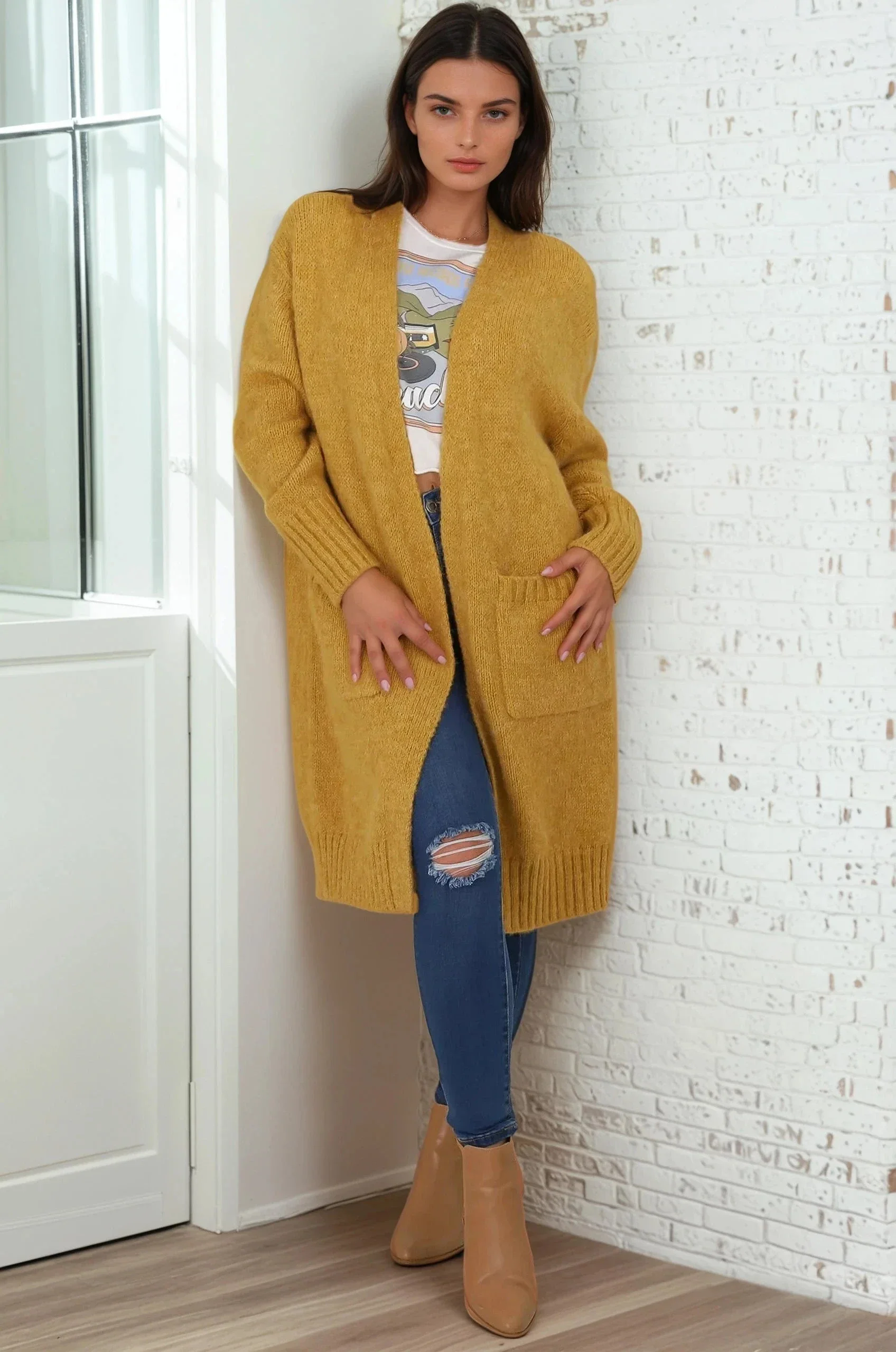 Kartika Cardigan - Long Ribbed Cuff and Hem Cardigan with Pockets in Mustard - Image 5