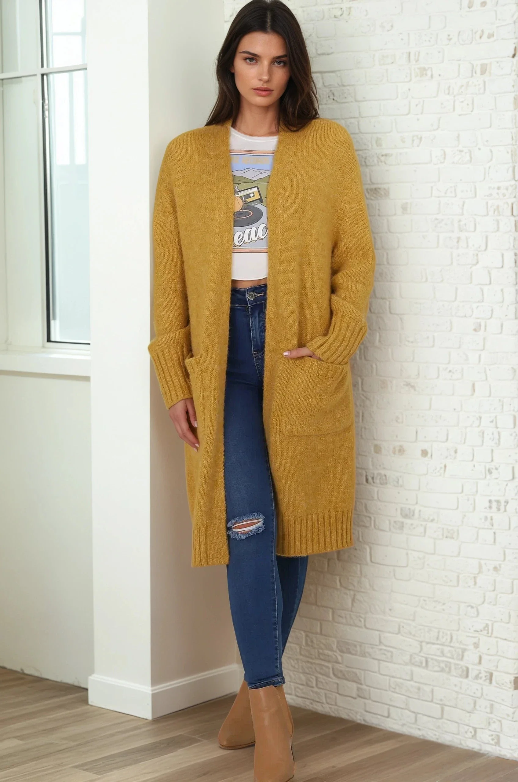 Kartika Cardigan - Long Ribbed Cuff and Hem Cardigan with Pockets in Mustard - Image 6