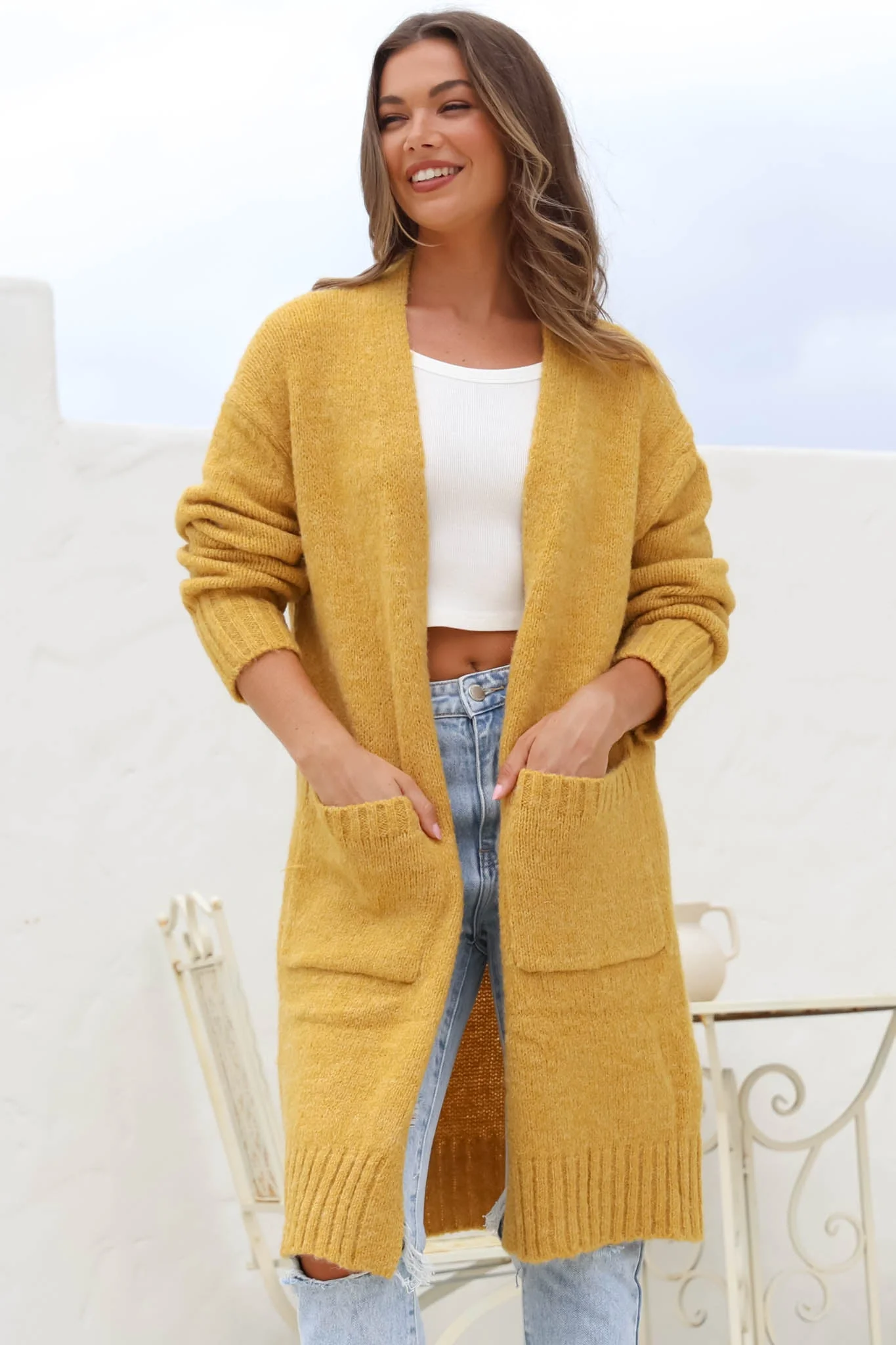 Kartika Cardigan - Long Ribbed Cuff and Hem Cardigan with Pockets in Mustard - Image 7