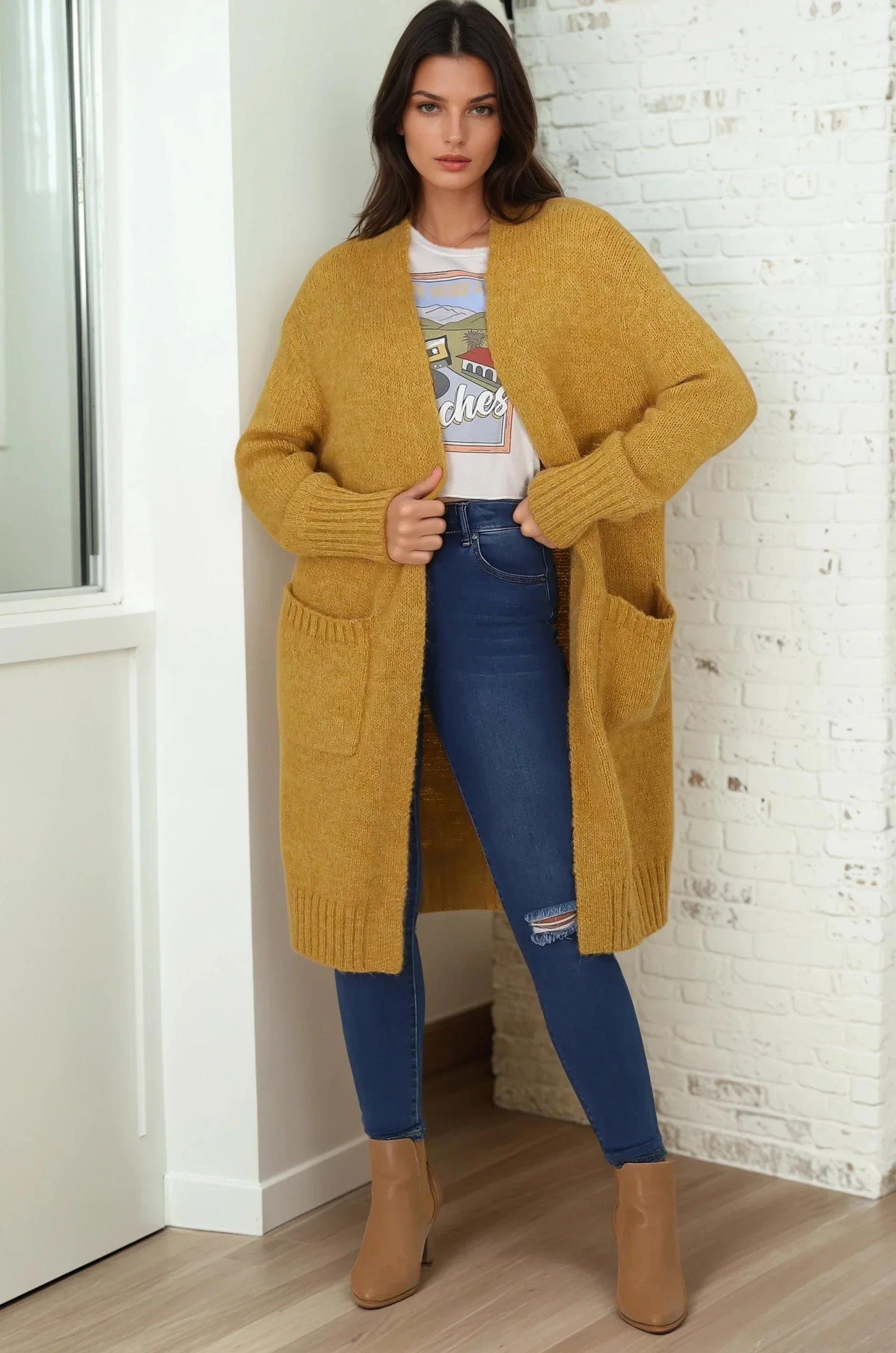 Kartika Cardigan - Long Ribbed Cuff and Hem Cardigan with Pockets in Mustard - Image 8