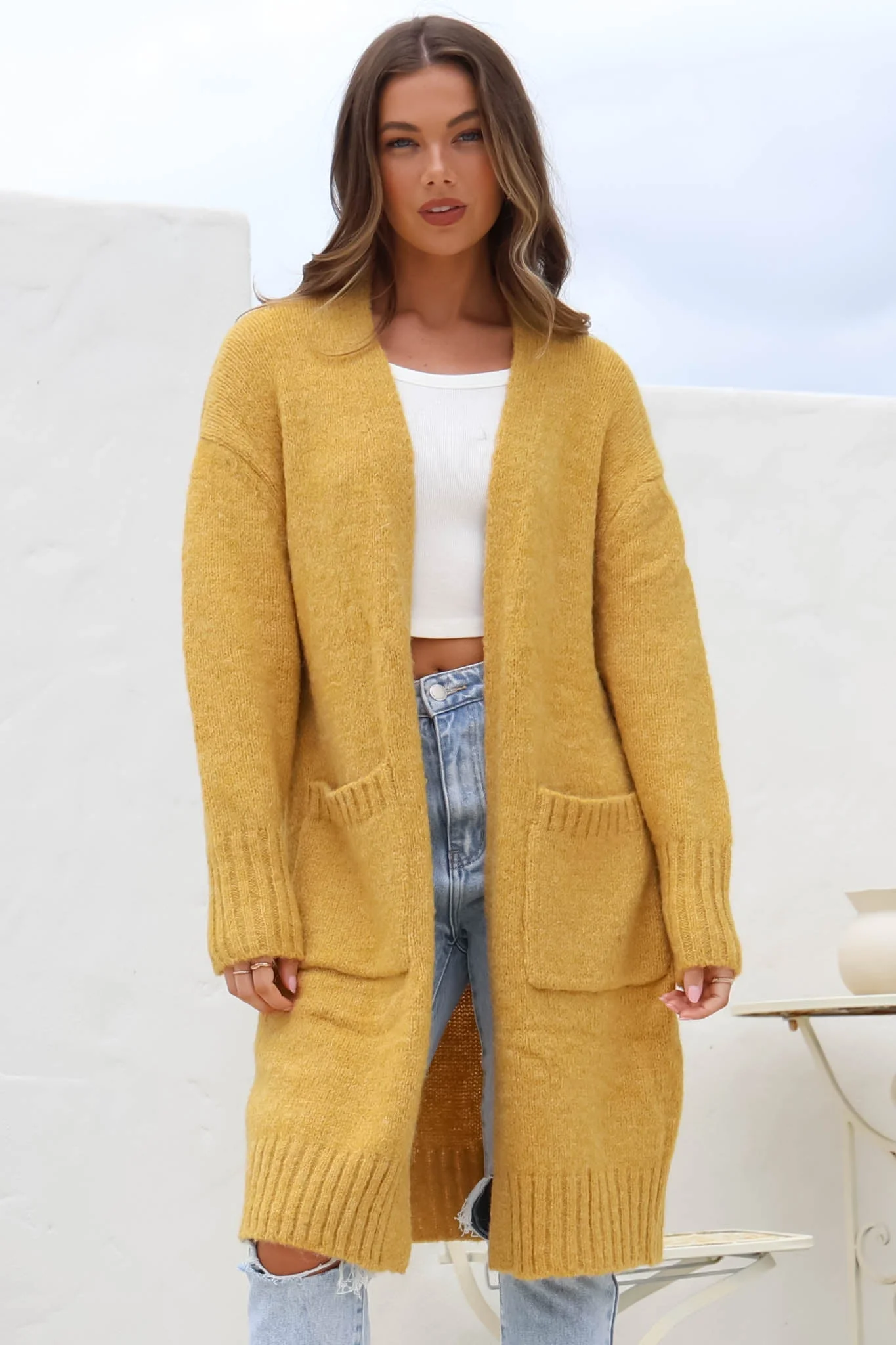 Kartika Cardigan - Long Ribbed Cuff and Hem Cardigan with Pockets in Mustard - Image 9