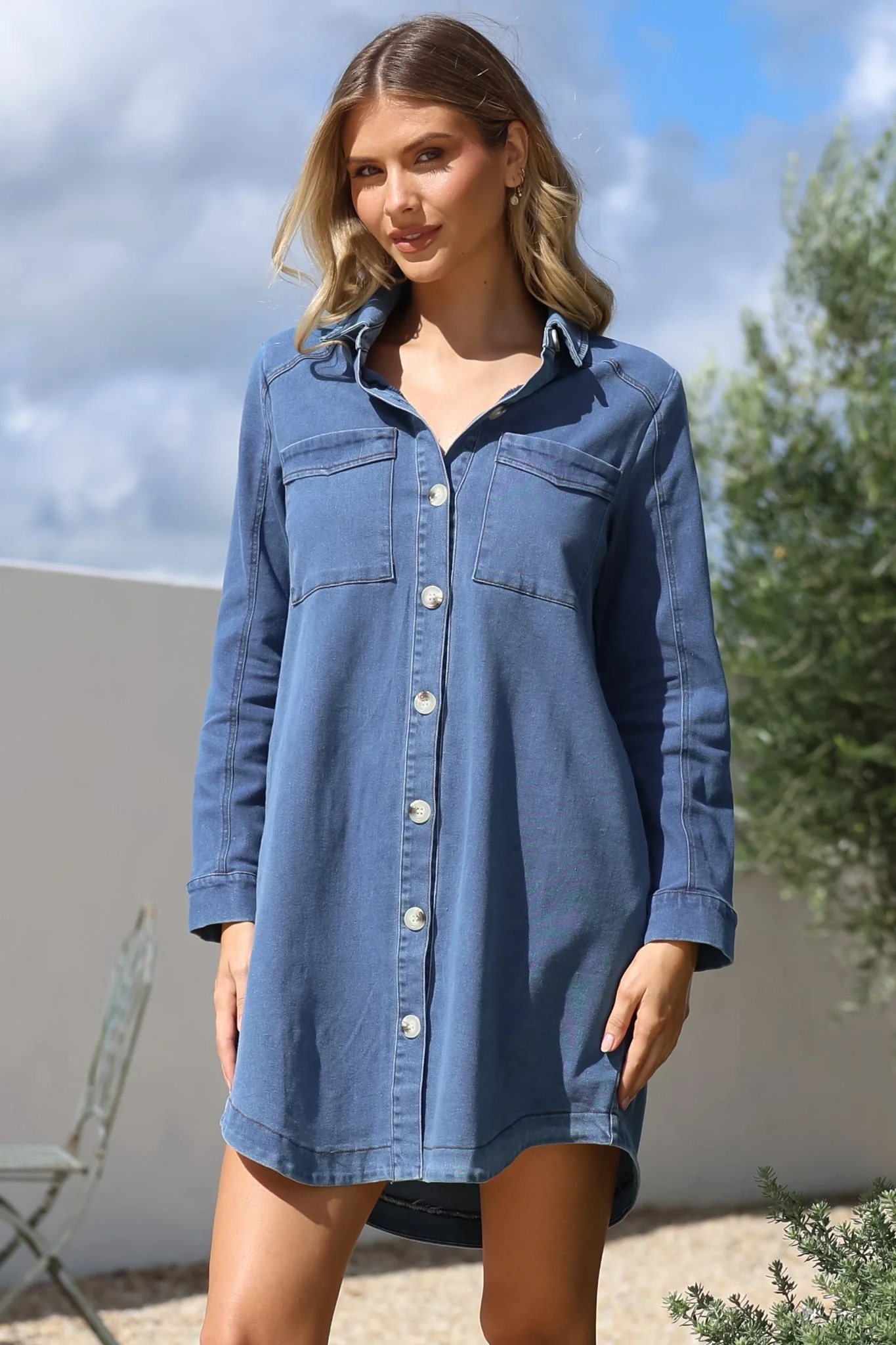 Kaylee Mini Dress - Collared Button Down with Scoop Hemline and Long Sleeves in Denim Blue - Image 2