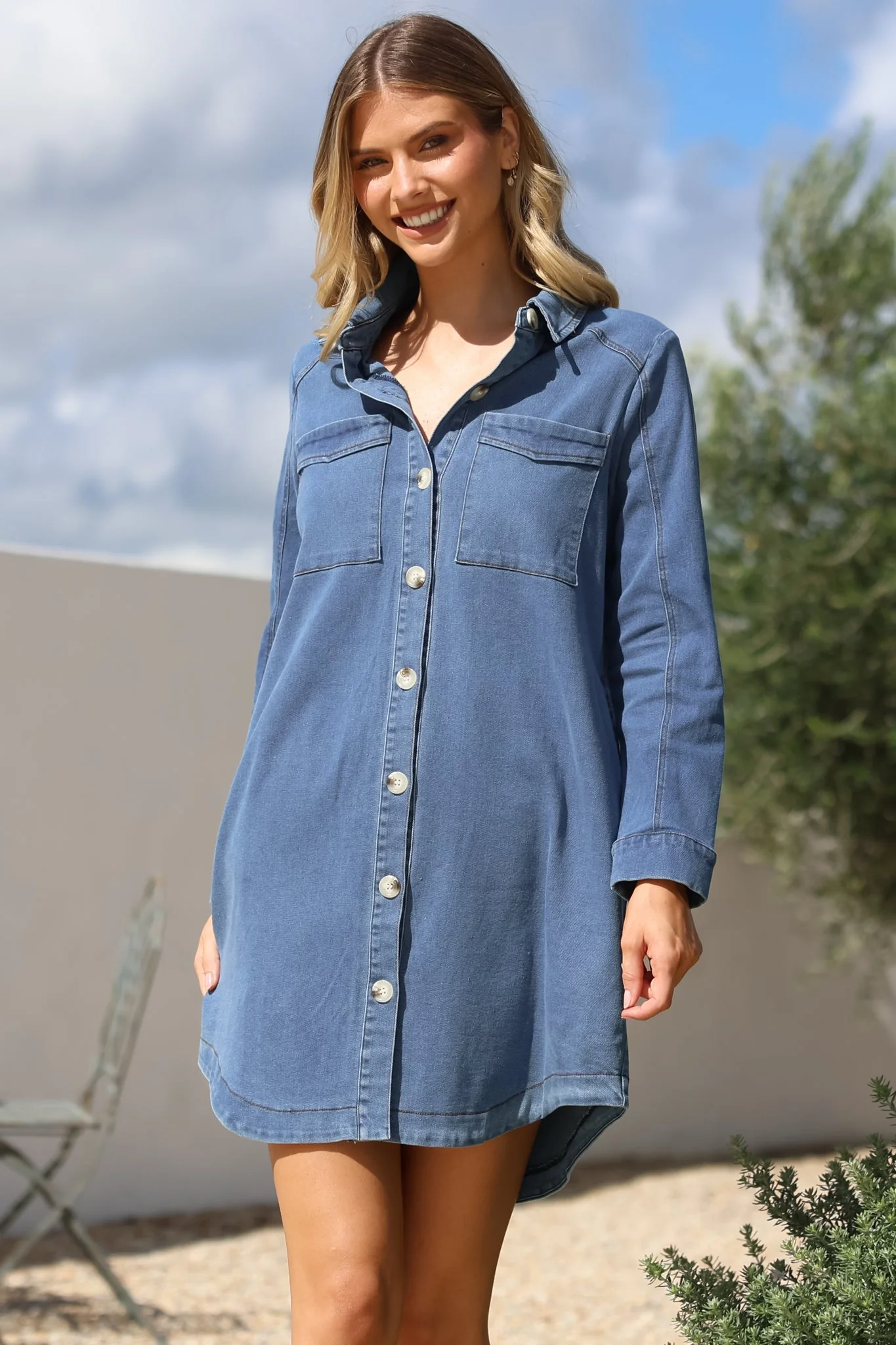 Kaylee Mini Dress - Collared Button Down with Scoop Hemline and Long Sleeves in Denim Blue - Image 4